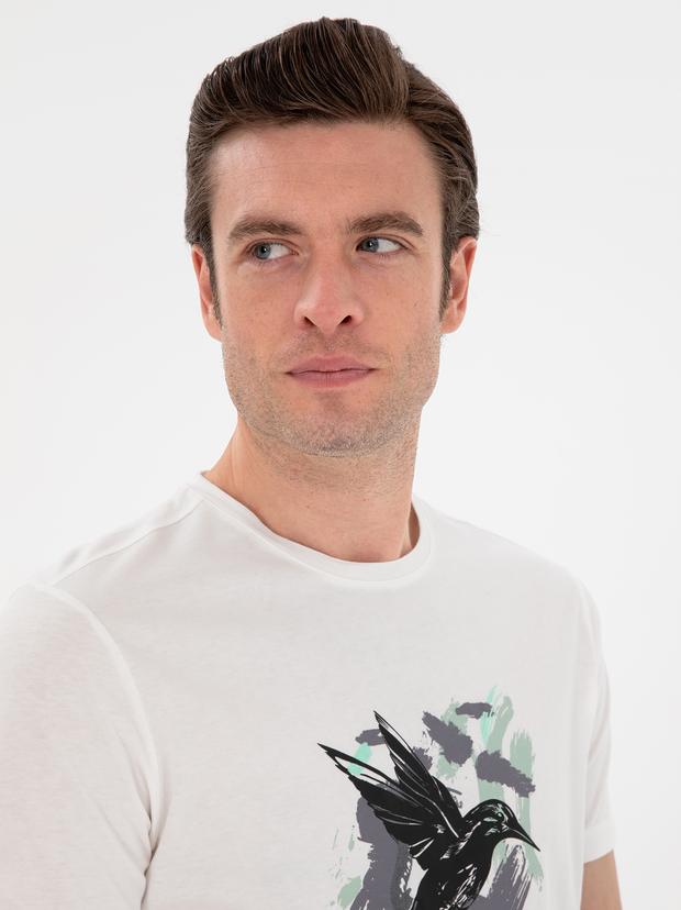 Beyaz Slim Fit Bisiklet Yaka Desenli T-shirt
