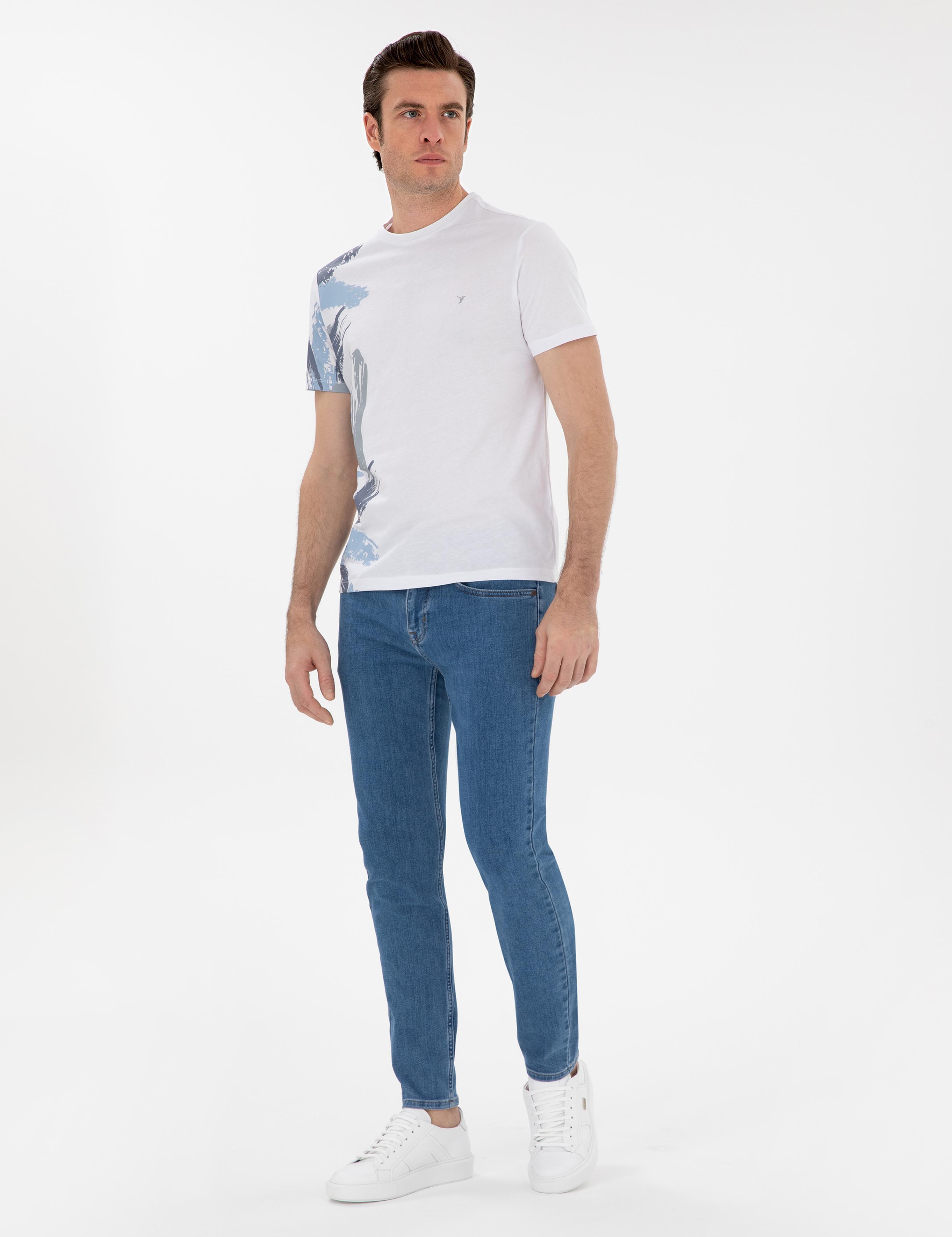 Beyaz Slim Fit Bisiklet Yaka Desenli T-shirt - 50303246003