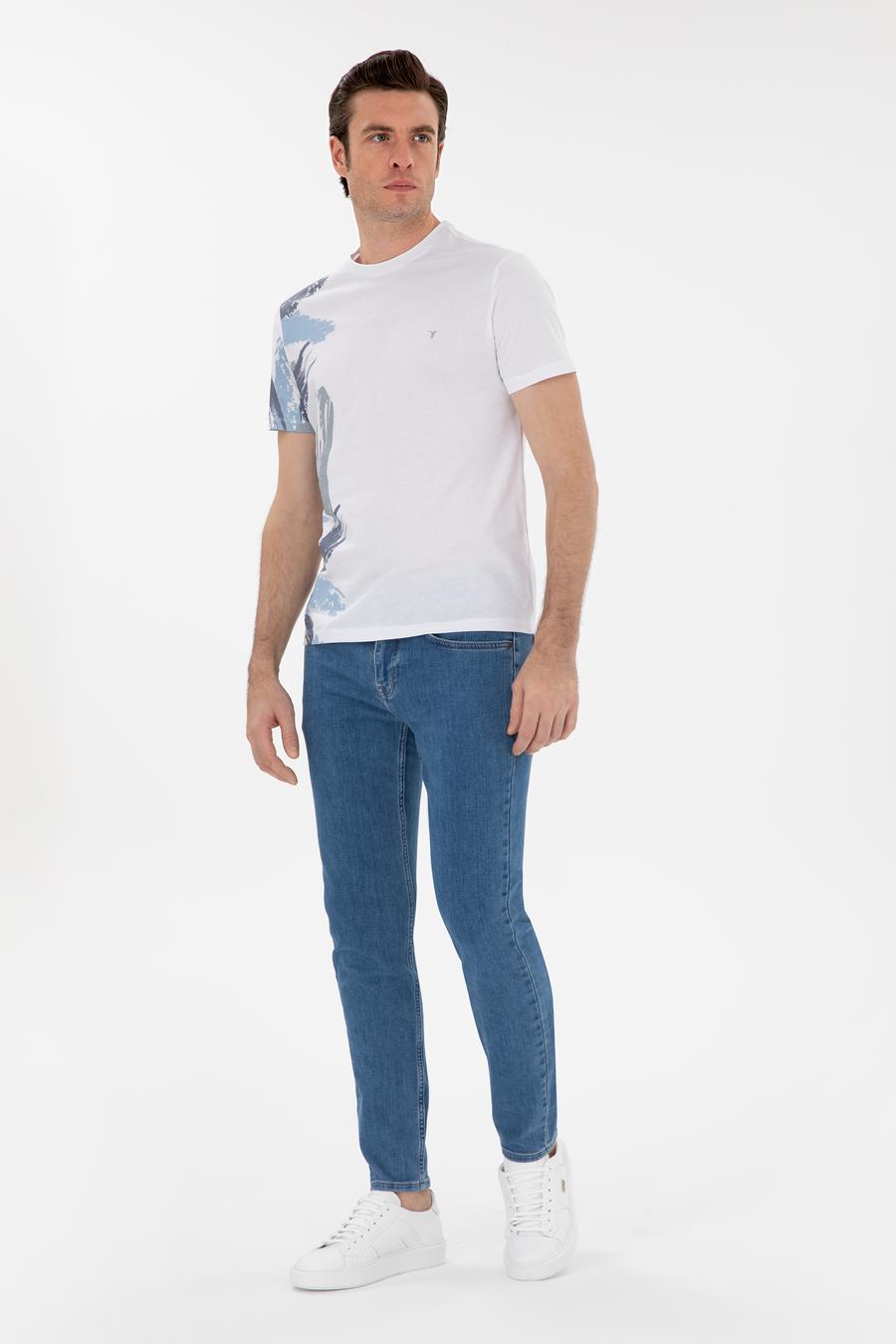 Beyaz Slim Fit Bisiklet Yaka Desenli T-shirt - 50303246003