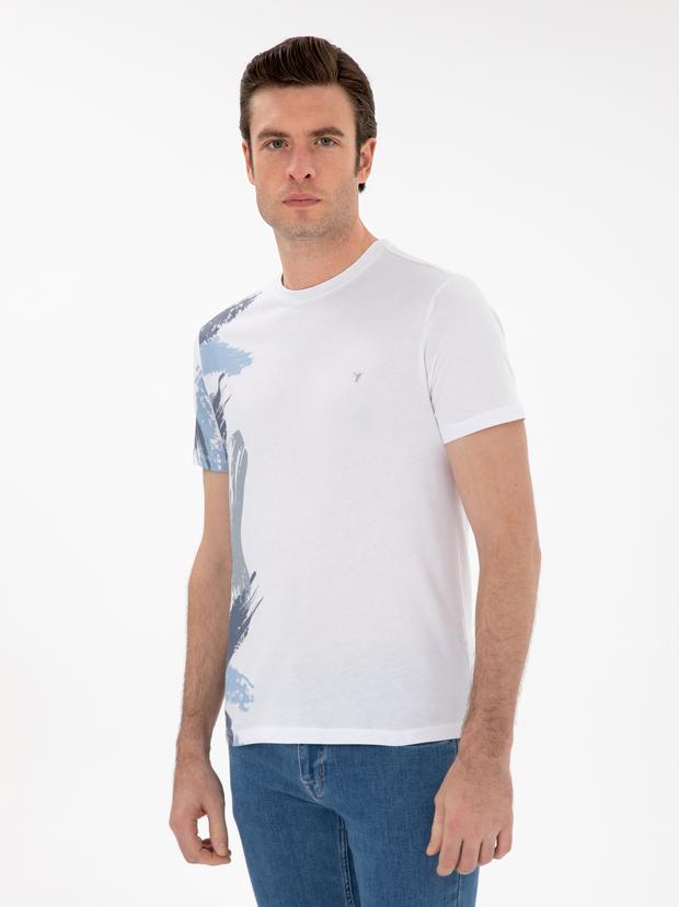 Beyaz Slim Fit Bisiklet Yaka Desenli T-shirt