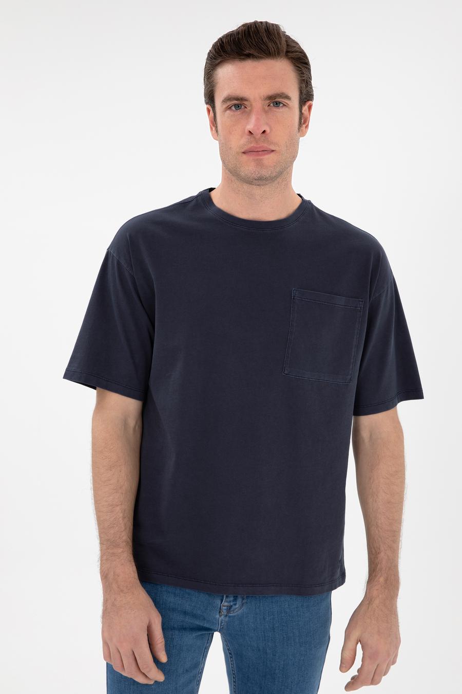 Lacivert Oversize Bisiklet Yaka T-shirt - 50305458017