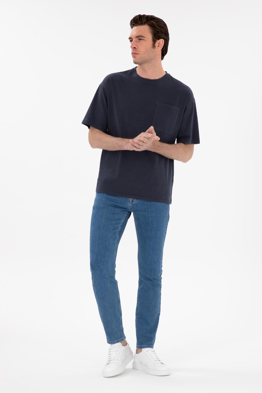 Lacivert Oversize Bisiklet Yaka T-shirt - 50305458017