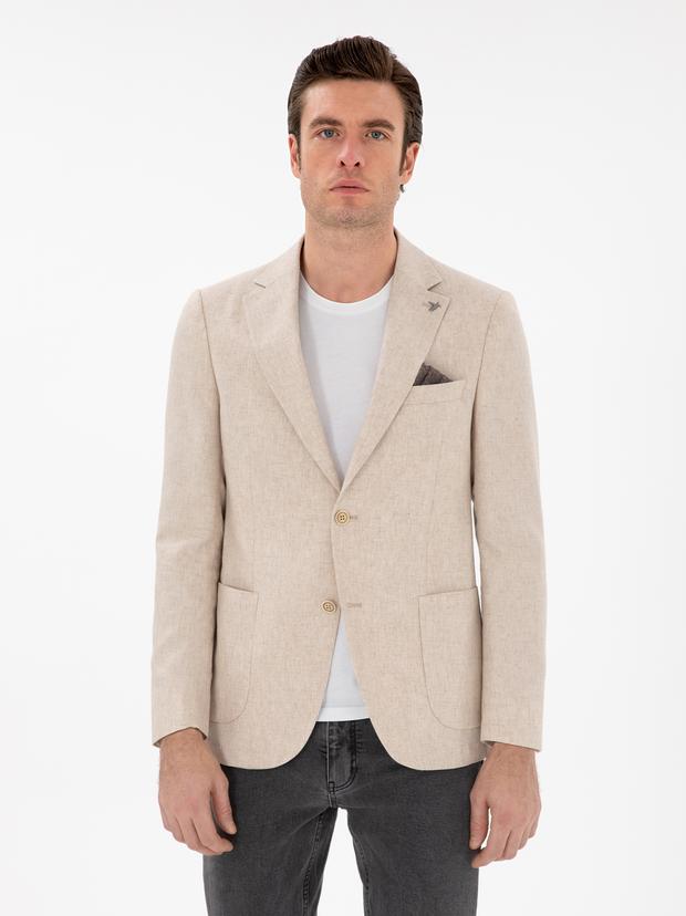 Bej Slim Fit Keten Karışımlı Ceket