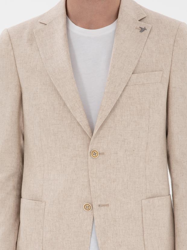 Bej Slim Fit Keten Karışımlı Ceket
