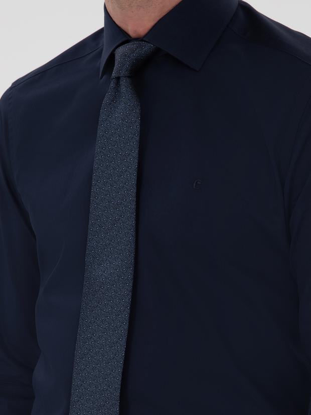 Lacivert Slim Fit Pamuklu Yarım İtalyan Yaka Basic Gömlek