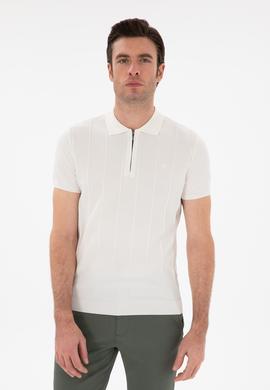 Beyaz Slim Fit Nervürlü Fermuarlı Polo Yaka Triko T-shirt