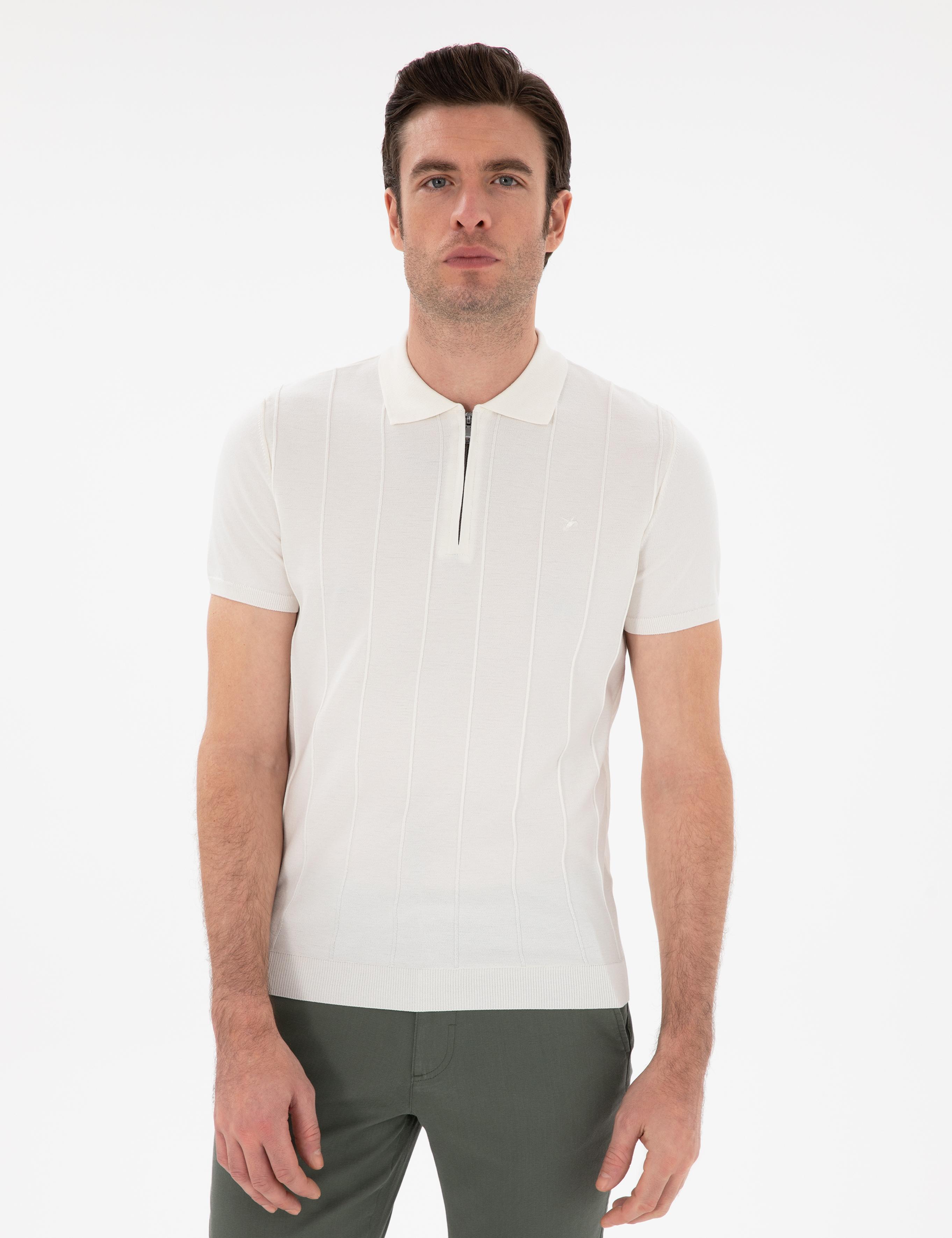 Beyaz Slim Fit Nervürlü Fermuarlı Polo Yaka Triko T-shirt - 50309871020