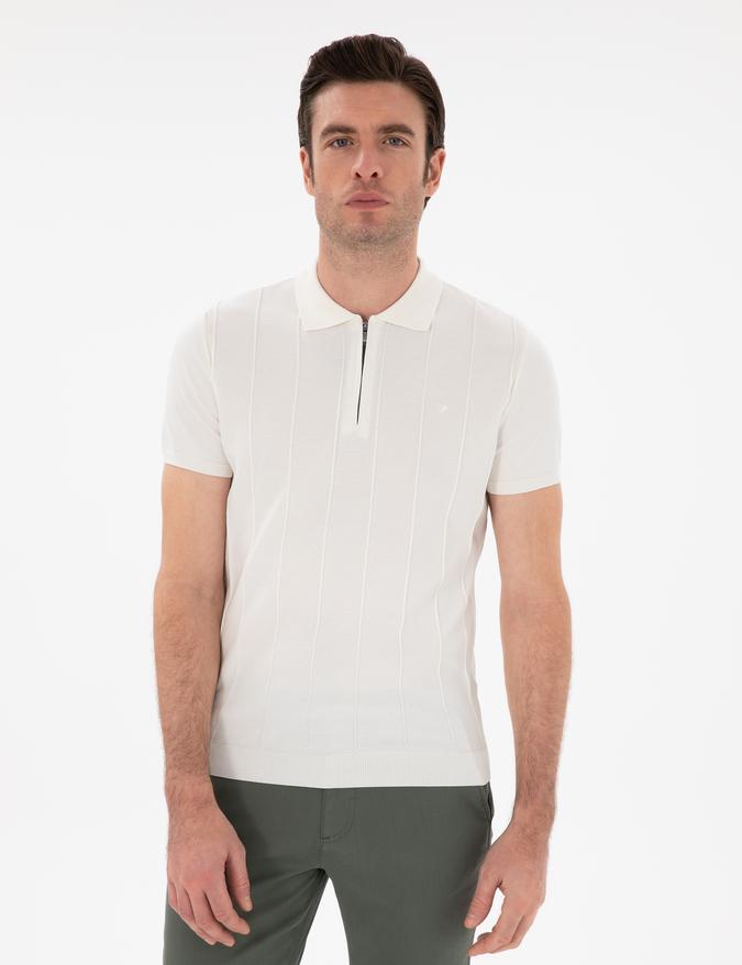 Beyaz Slim Fit Nervürlü Fermuarlı Polo Yaka Triko T-shirt