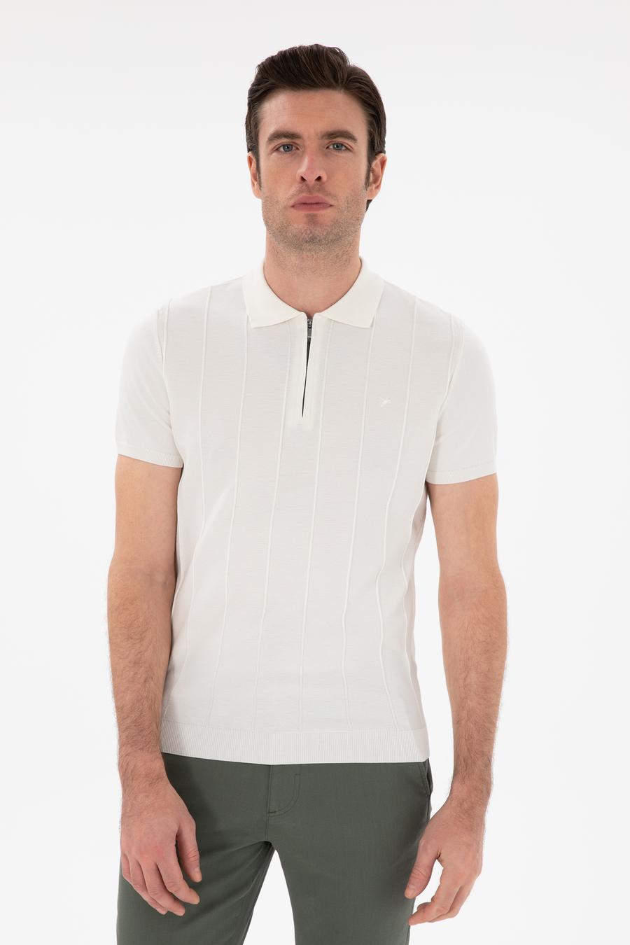 Beyaz Slim Fit Nervürlü Fermuarlı Polo Yaka Triko T-shirt - 50309871020