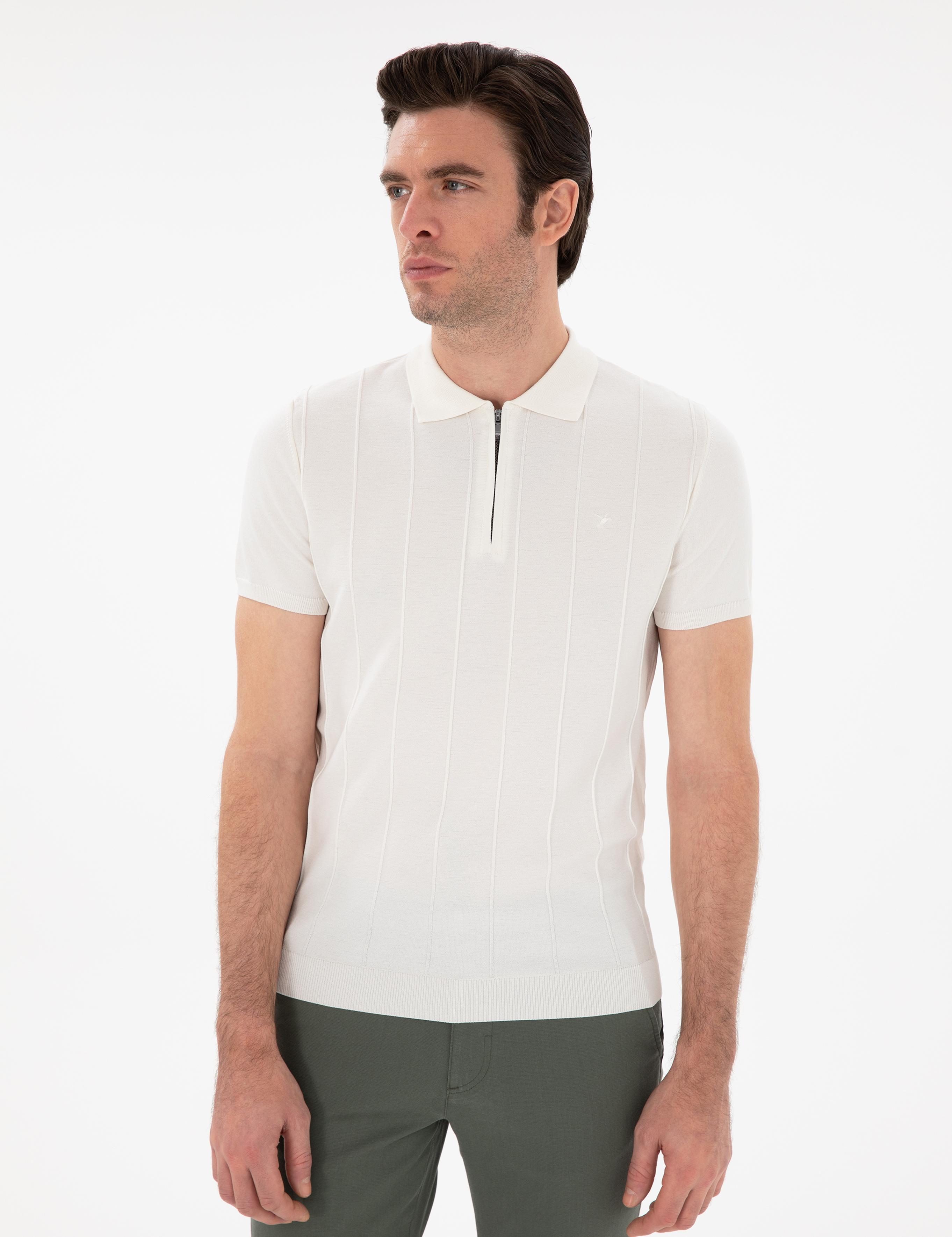 Beyaz Slim Fit Nervürlü Fermuarlı Polo Yaka Triko T-shirt - 50309871020
