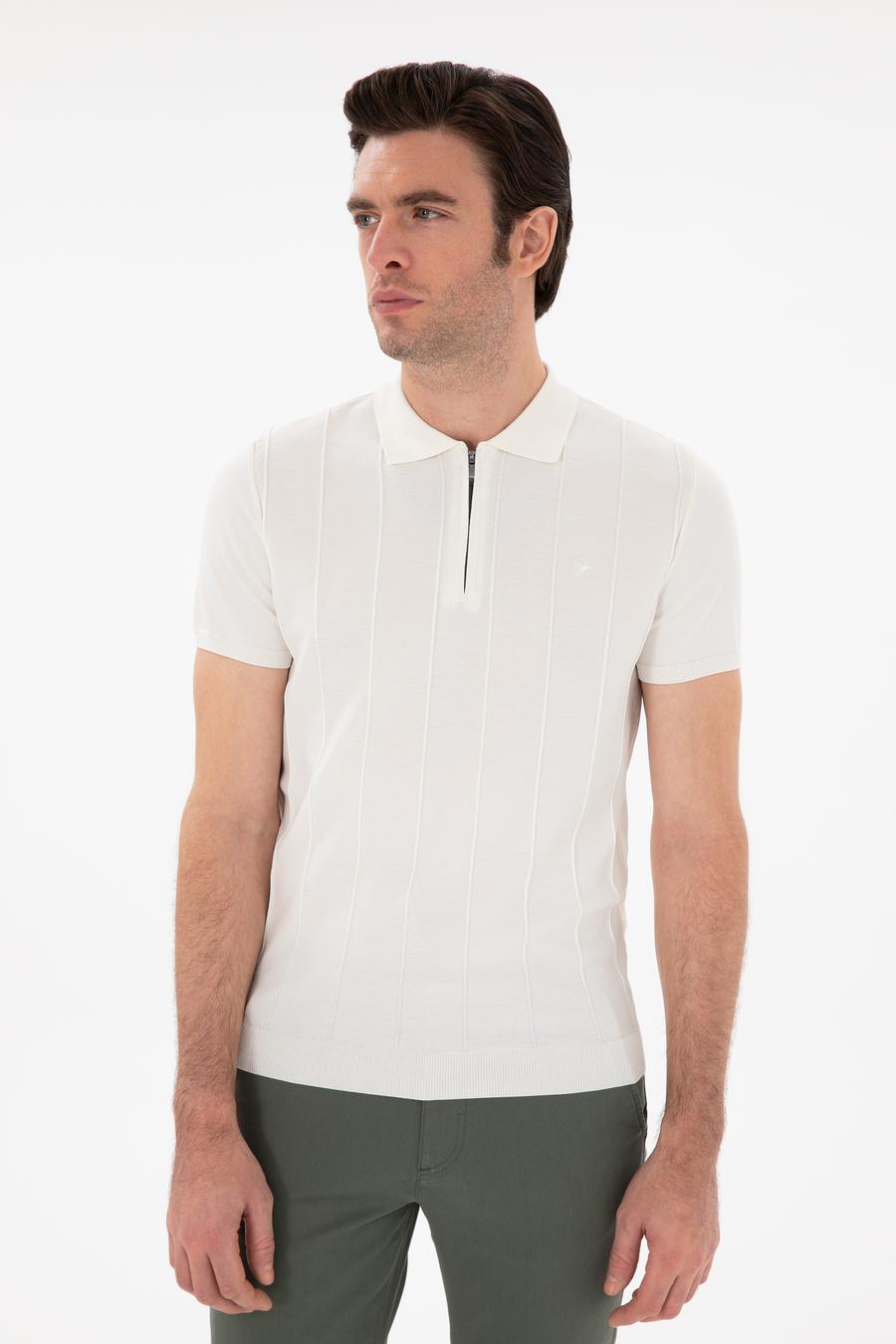 Beyaz Slim Fit Nervürlü Fermuarlı Polo Yaka Triko T-shirt - 50309871020