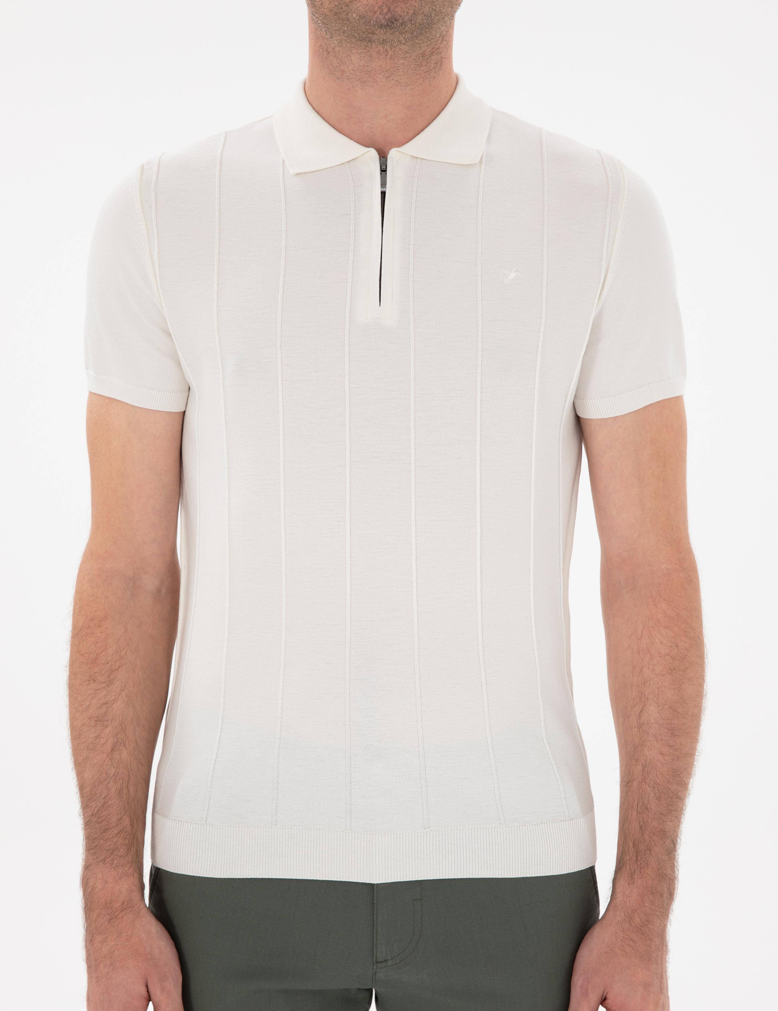 Beyaz Slim Fit Nervürlü Fermuarlı Polo Yaka Triko T-shirt - 50309871020