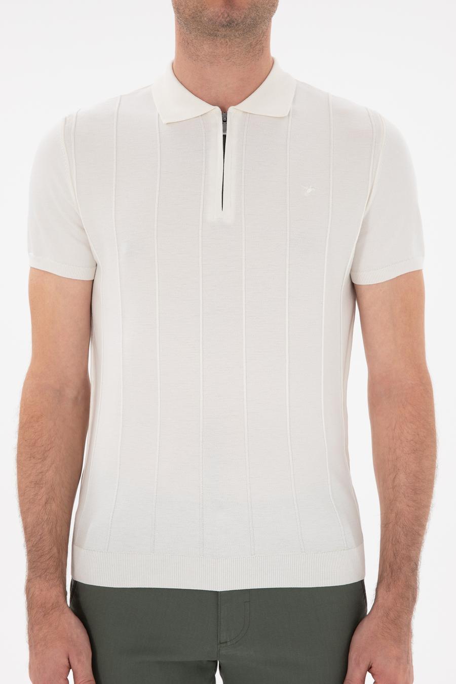 Beyaz Slim Fit Nervürlü Fermuarlı Polo Yaka Triko T-shirt - 50309871020