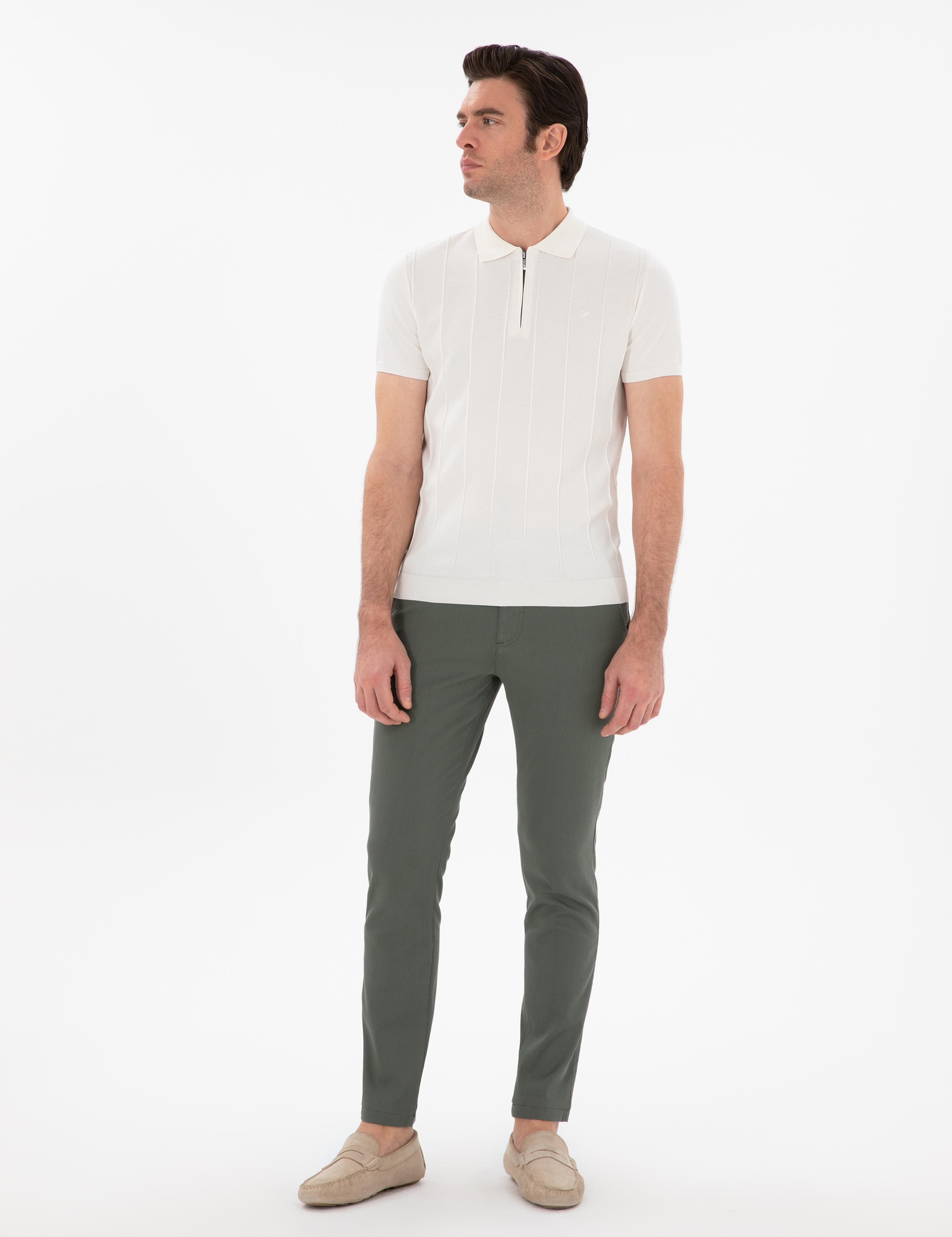 Beyaz Slim Fit Nervürlü Fermuarlı Polo Yaka Triko T-shirt - 50309871020