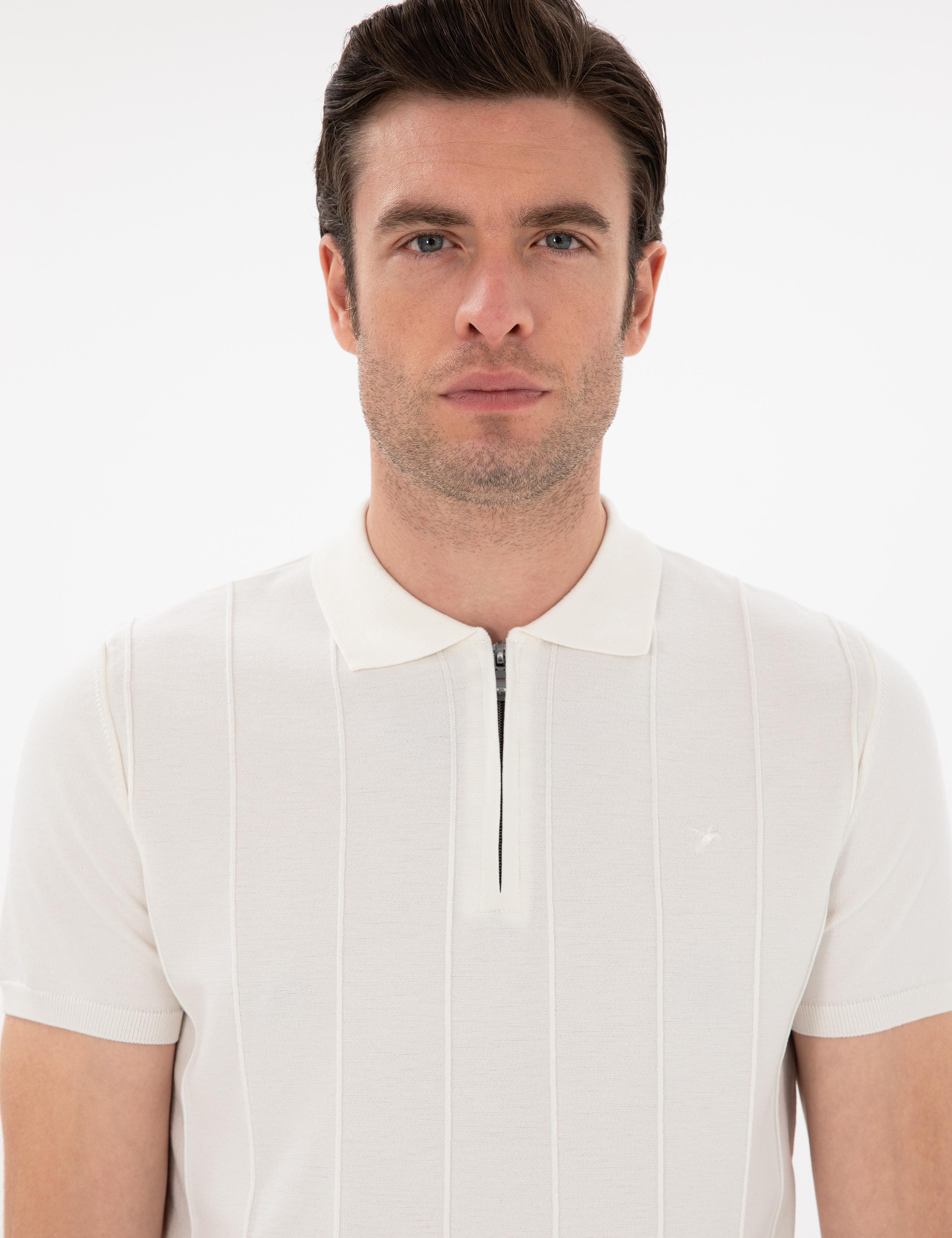 Beyaz Slim Fit Nervürlü Fermuarlı Polo Yaka Triko T-shirt - 50309871020