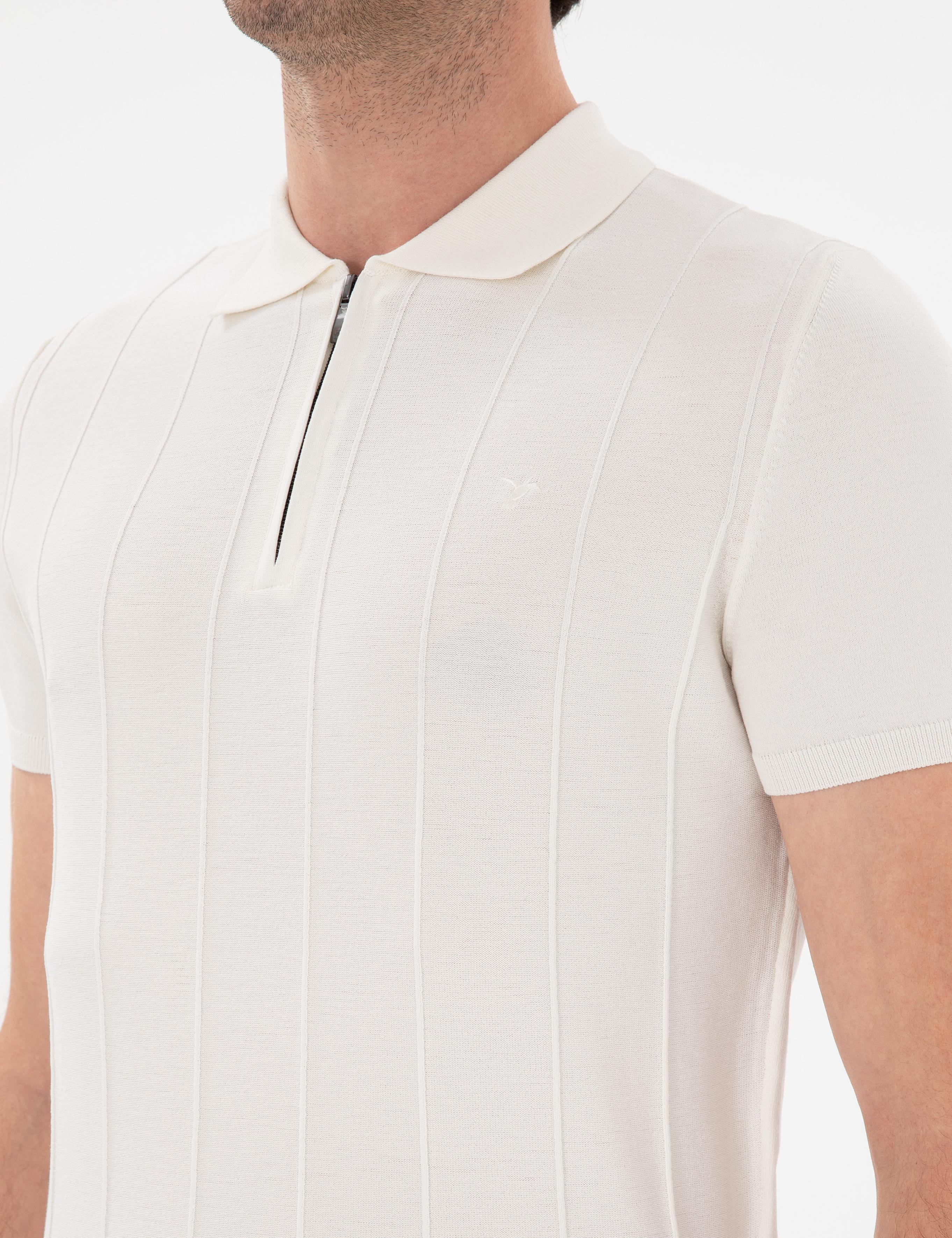 Beyaz Slim Fit Nervürlü Fermuarlı Polo Yaka Triko T-shirt - 50309871020