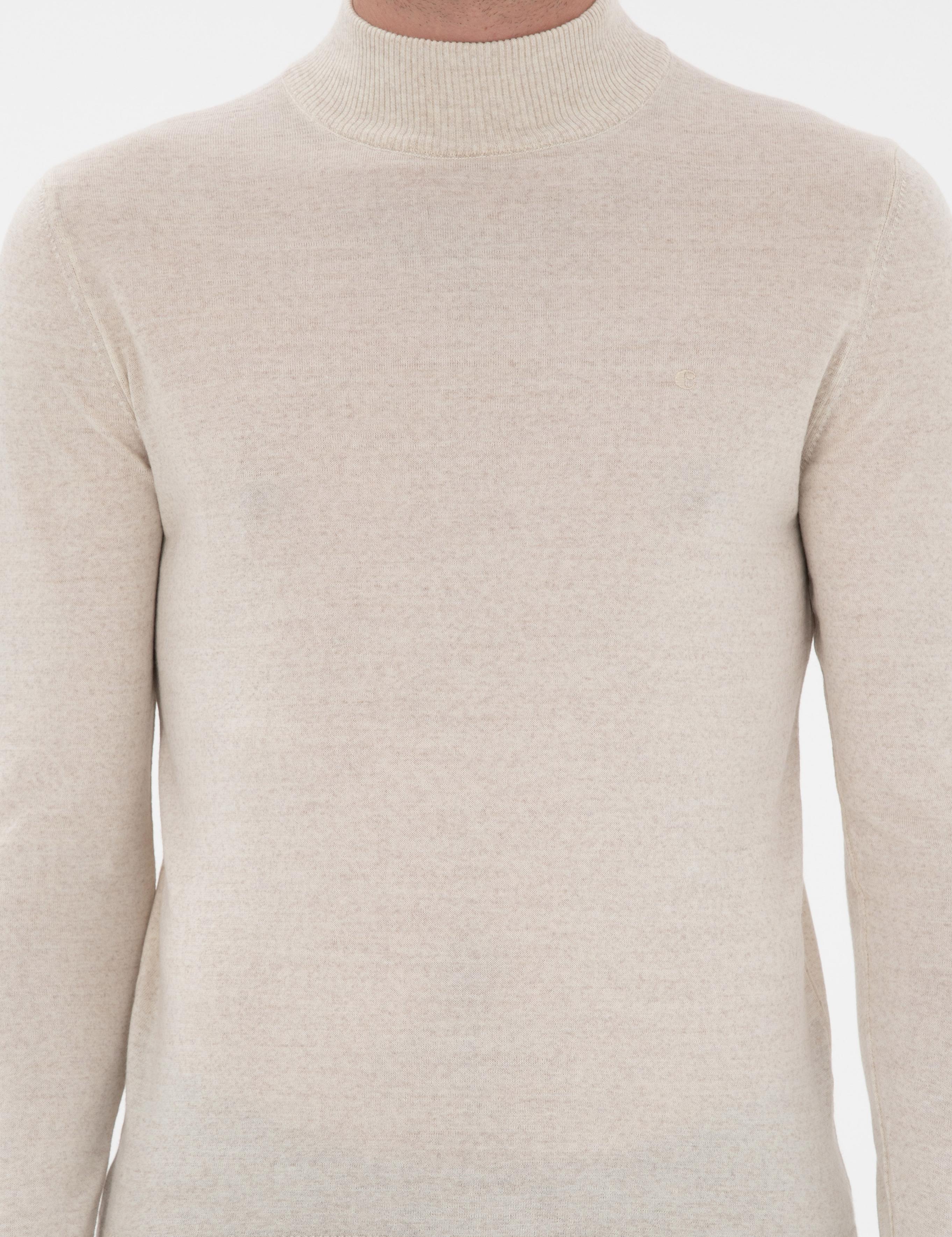 Bej Slim Fit Yün Karışımlı Yarım Balıkçı Yaka Basic Triko Kazak - 50293281127
