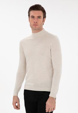 Bej Slim Fit Yün Karışımlı Yarım Balıkçı Yaka Basic Triko Kazak