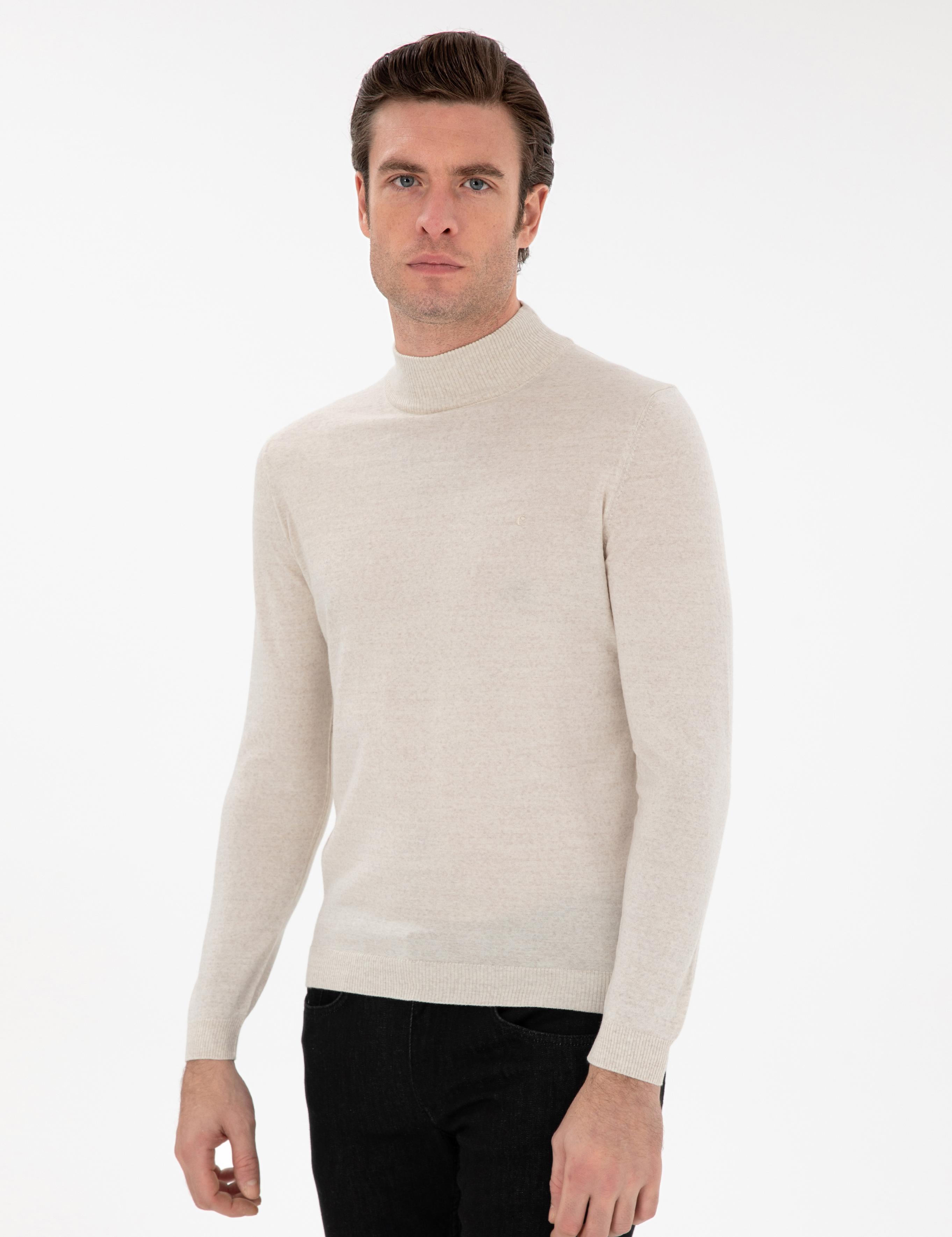 Bej Slim Fit Yün Karışımlı Yarım Balıkçı Yaka Basic Triko Kazak - 50293281127