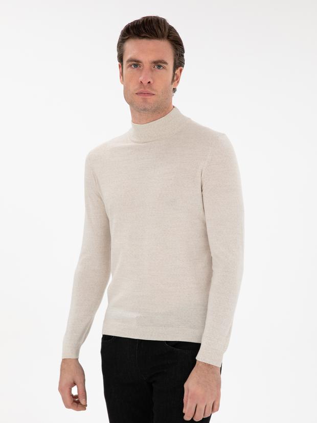 Bej Slim Fit Yün Karışımlı Yarım Balıkçı Yaka Basic Triko Kazak