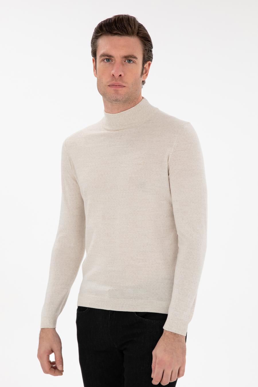 Bej Slim Fit Yün Karışımlı Yarım Balıkçı Yaka Basic Triko Kazak - 50293281127