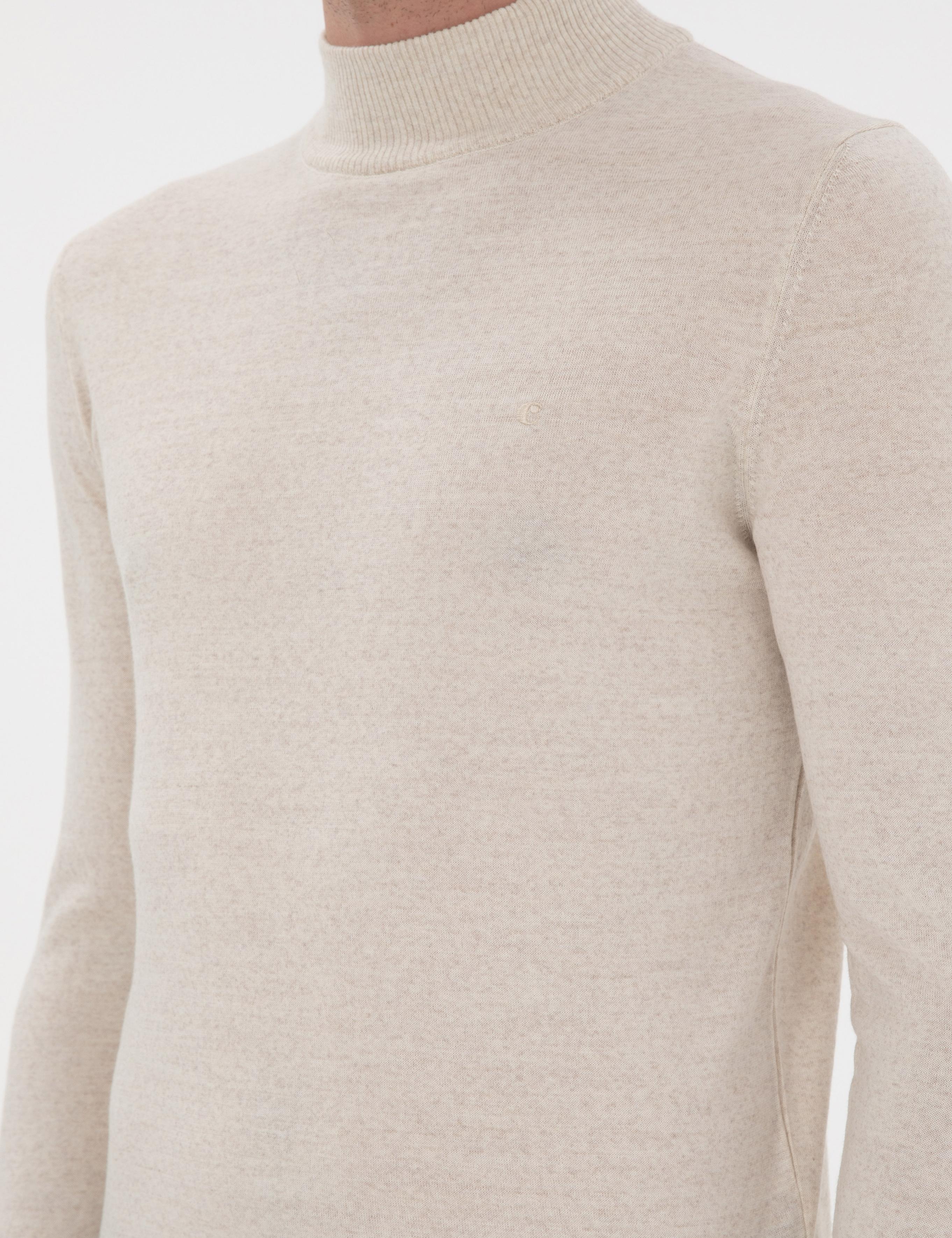 Bej Slim Fit Yün Karışımlı Yarım Balıkçı Yaka Basic Triko Kazak - 50293281127