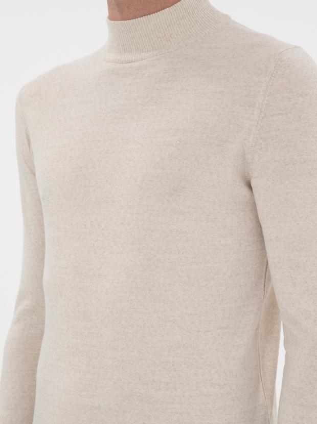Bej Slim Fit Yün Karışımlı Yarım Balıkçı Yaka Basic Triko Kazak
