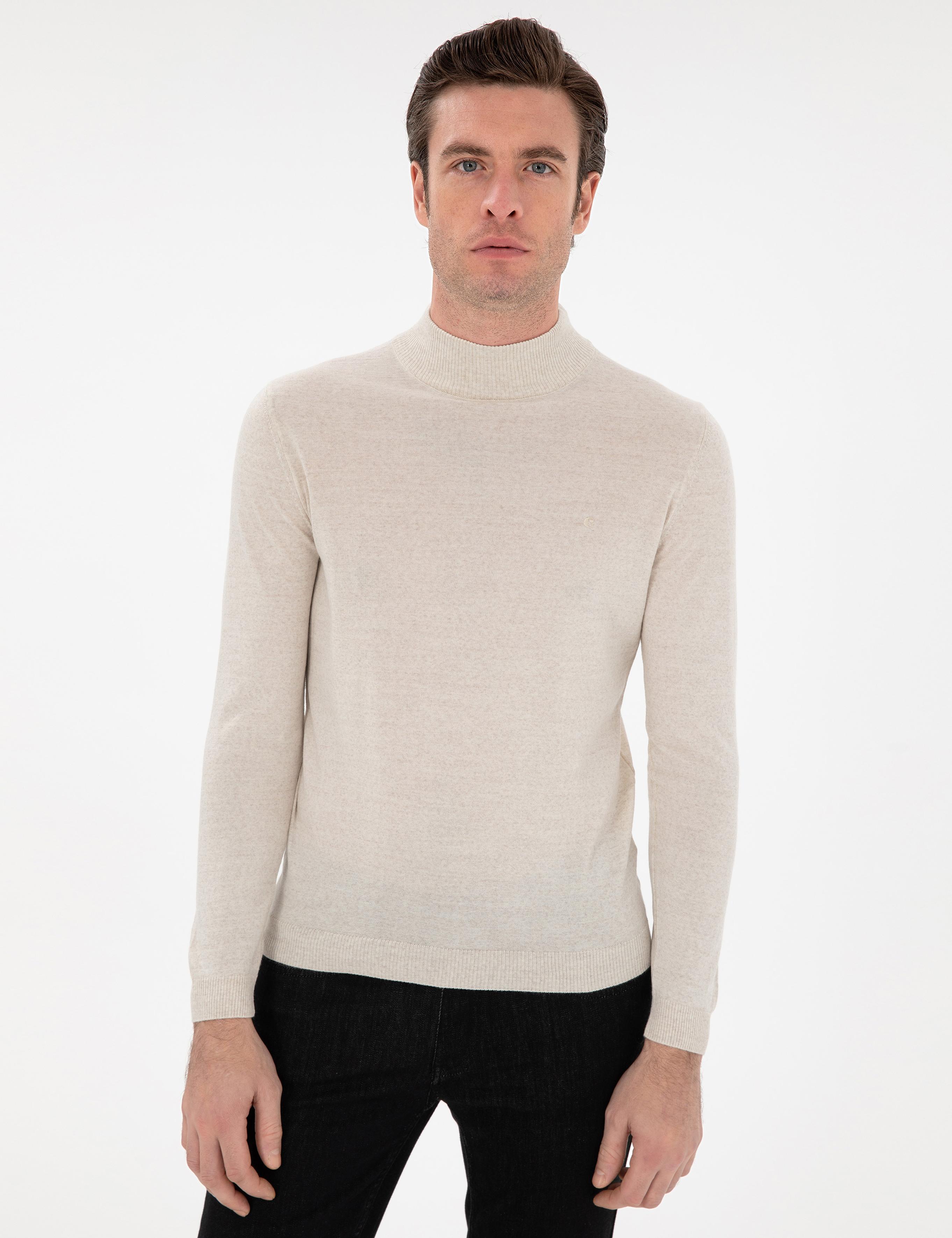 Bej Slim Fit Yün Karışımlı Yarım Balıkçı Yaka Basic Triko Kazak - 50293281127