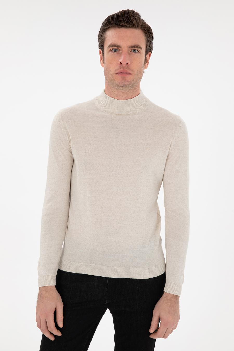 Bej Slim Fit Yün Karışımlı Yarım Balıkçı Yaka Basic Triko Kazak - 50293281127