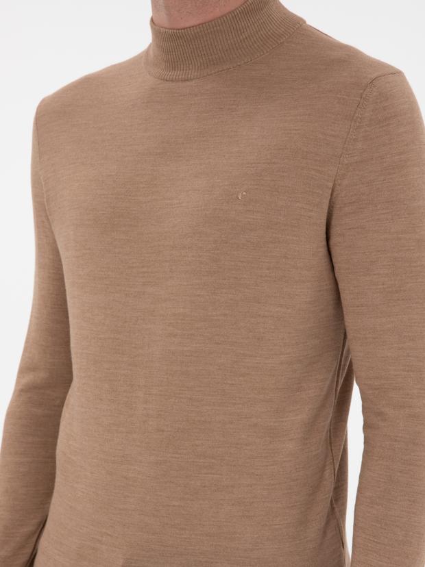 Camel Slim Fit Yün Karışımlı Yarım Balıkçı Yaka Basic Triko Kazak