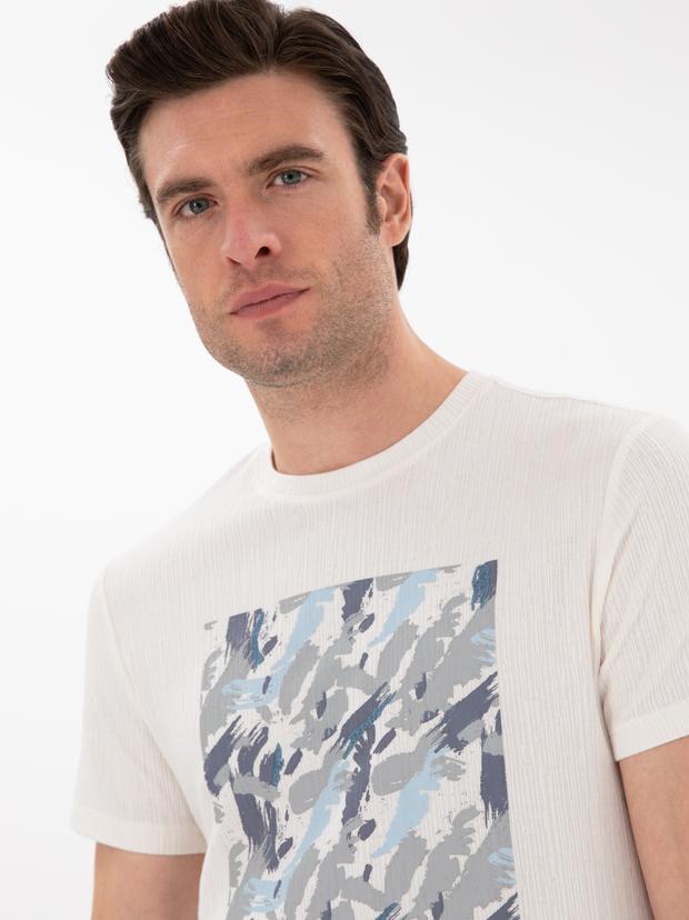 Beyaz Slim Fit Bisiklet Yaka Baskılı T-shirt