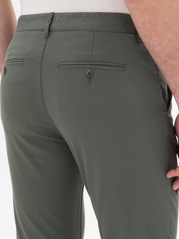 Yeşil Slim Fit Dokulu Pamuk Karışımlı Kanvas Pantolon