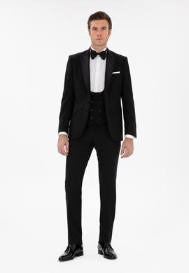 Siyah Slim Fit Yün Karışımlı Yelekli Smokin Dmatlık