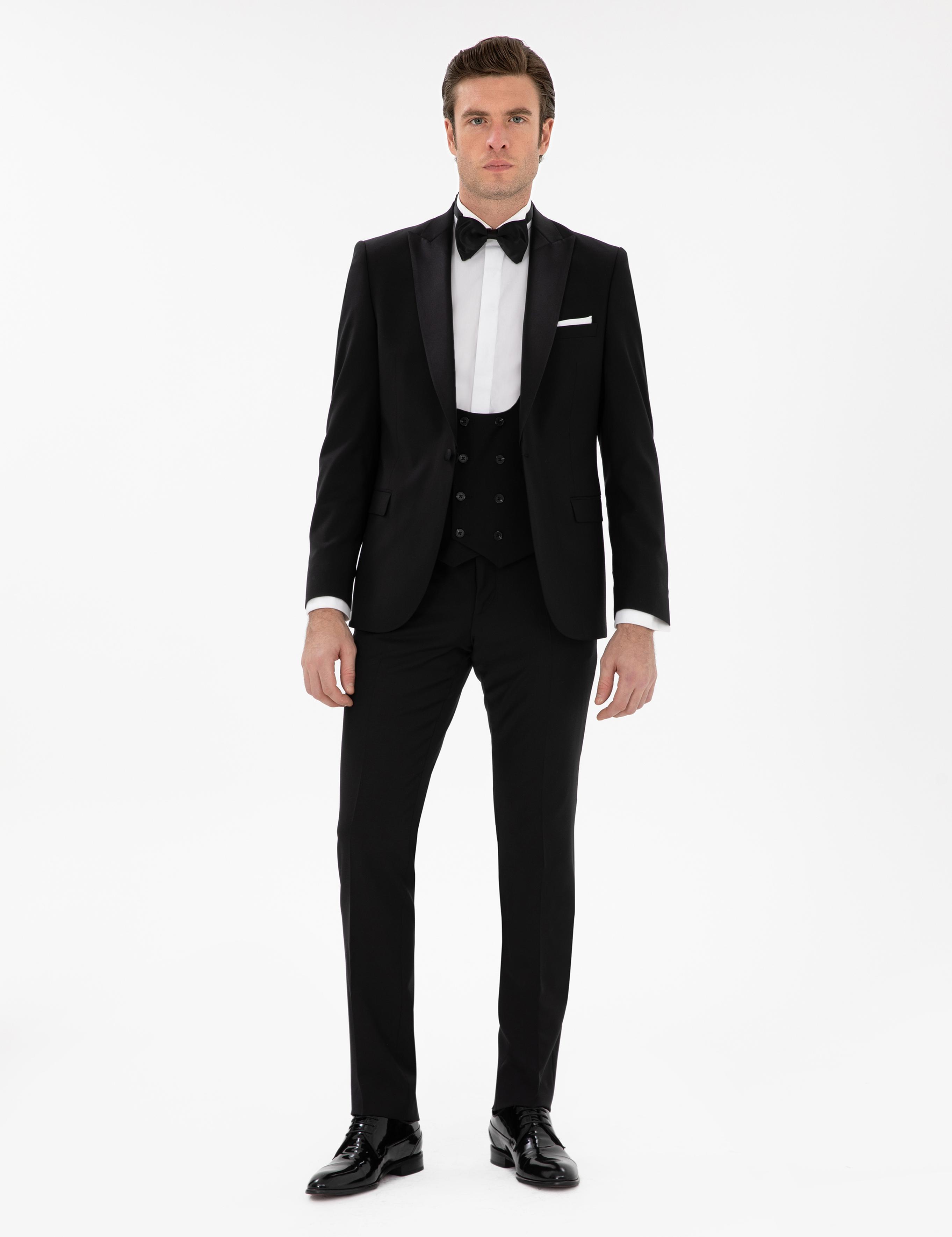 Siyah Slim Fit Yün Karışımlı Yelekli Smokin Dmatlık - 50306087014