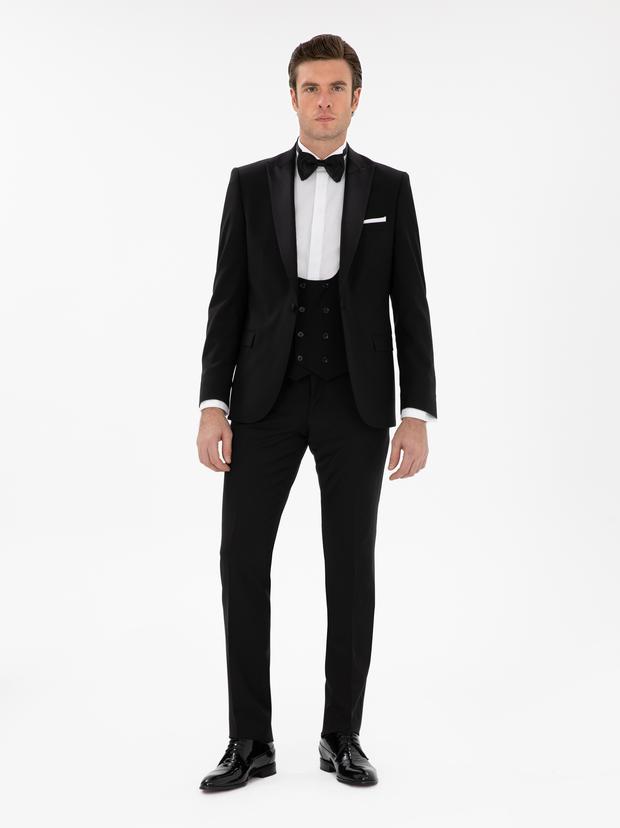 Siyah Slim Fit Yün Karışımlı Yelekli Smokin Dmatlık