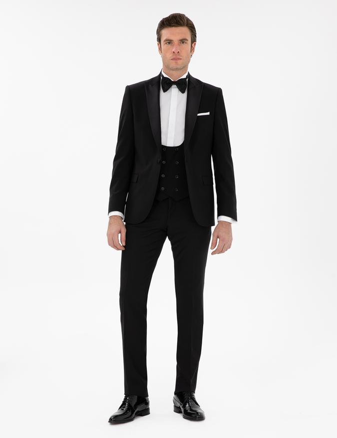 Siyah Slim Fit Yün Karışımlı Yelekli Smokin Dmatlık
