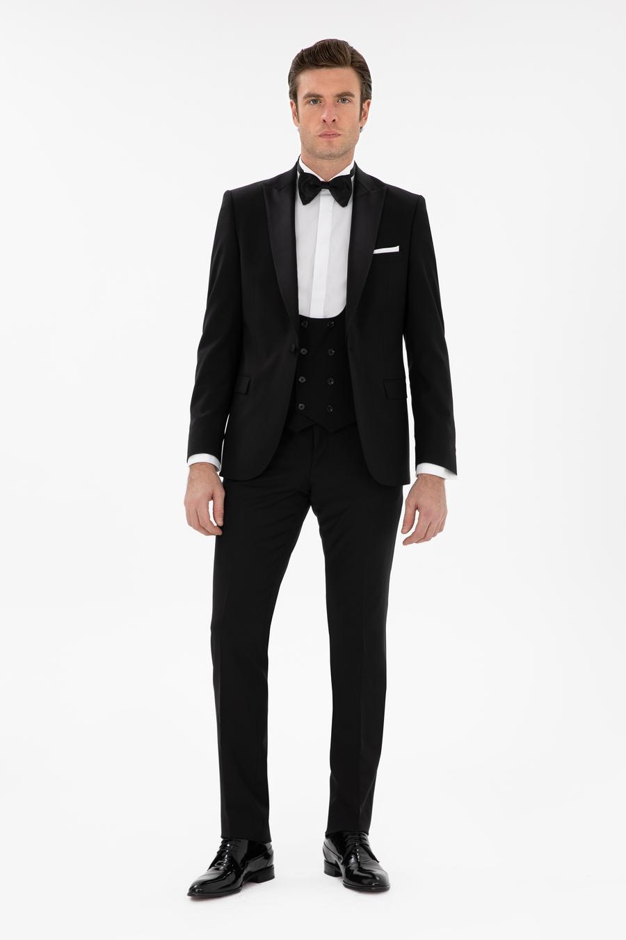 Siyah Slim Fit Yün Karışımlı Yelekli Smokin Dmatlık - 50306087014