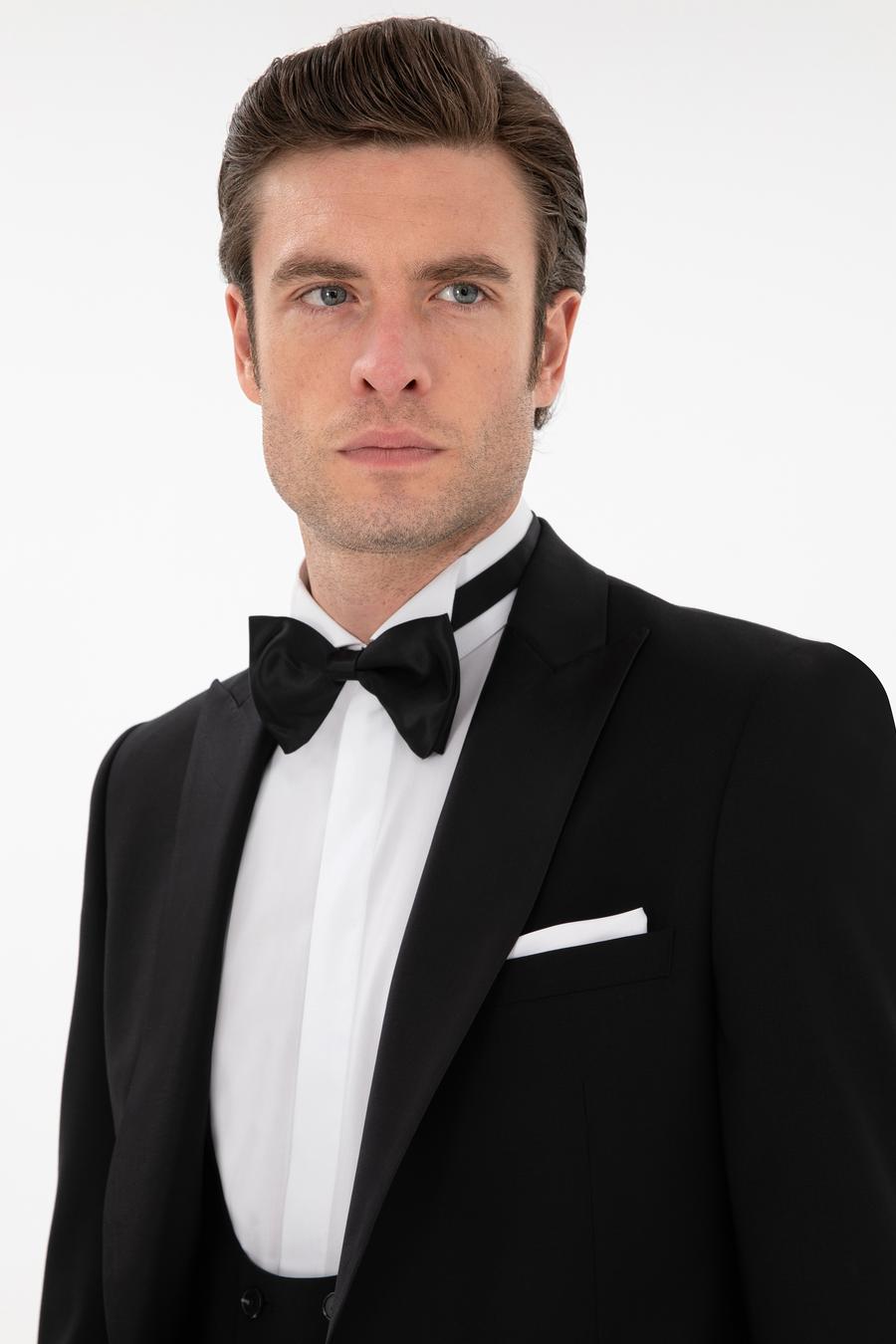 Siyah Slim Fit Yün Karışımlı Yelekli Smokin Dmatlık - 50306087014