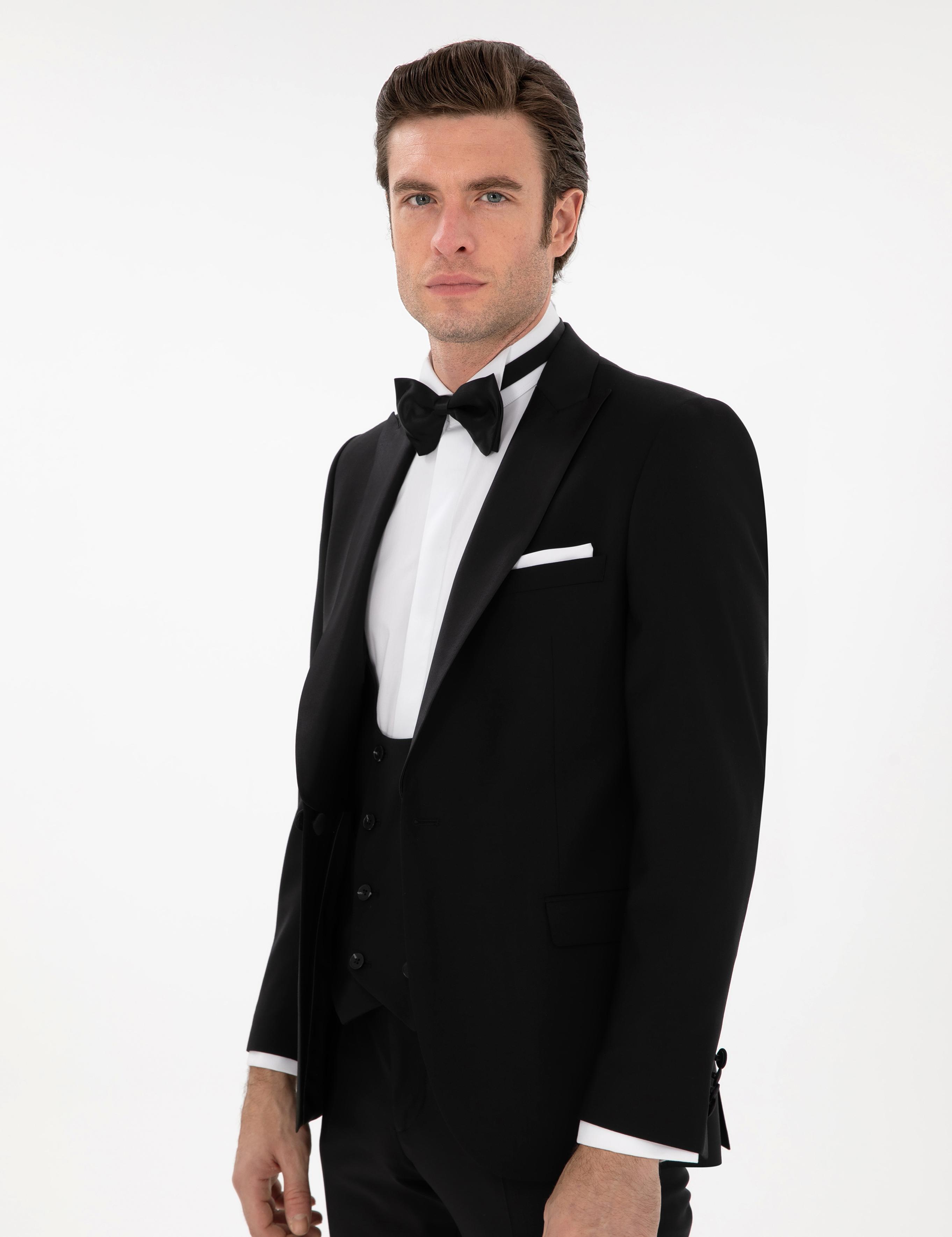 Siyah Slim Fit Yün Karışımlı Yelekli Smokin Dmatlık - 50306087014