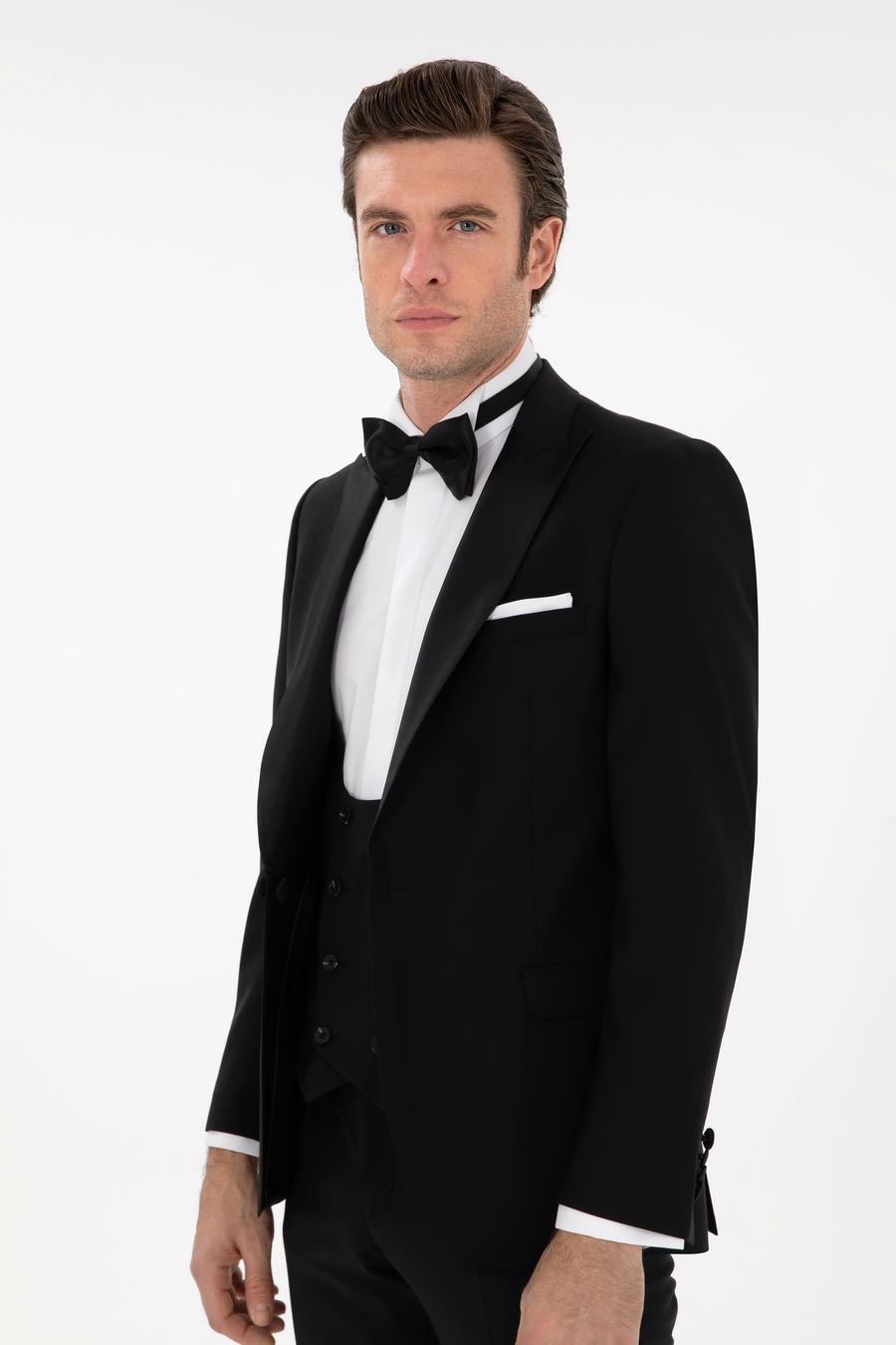 Siyah Slim Fit Yün Karışımlı Yelekli Smokin Dmatlık - 50306087014