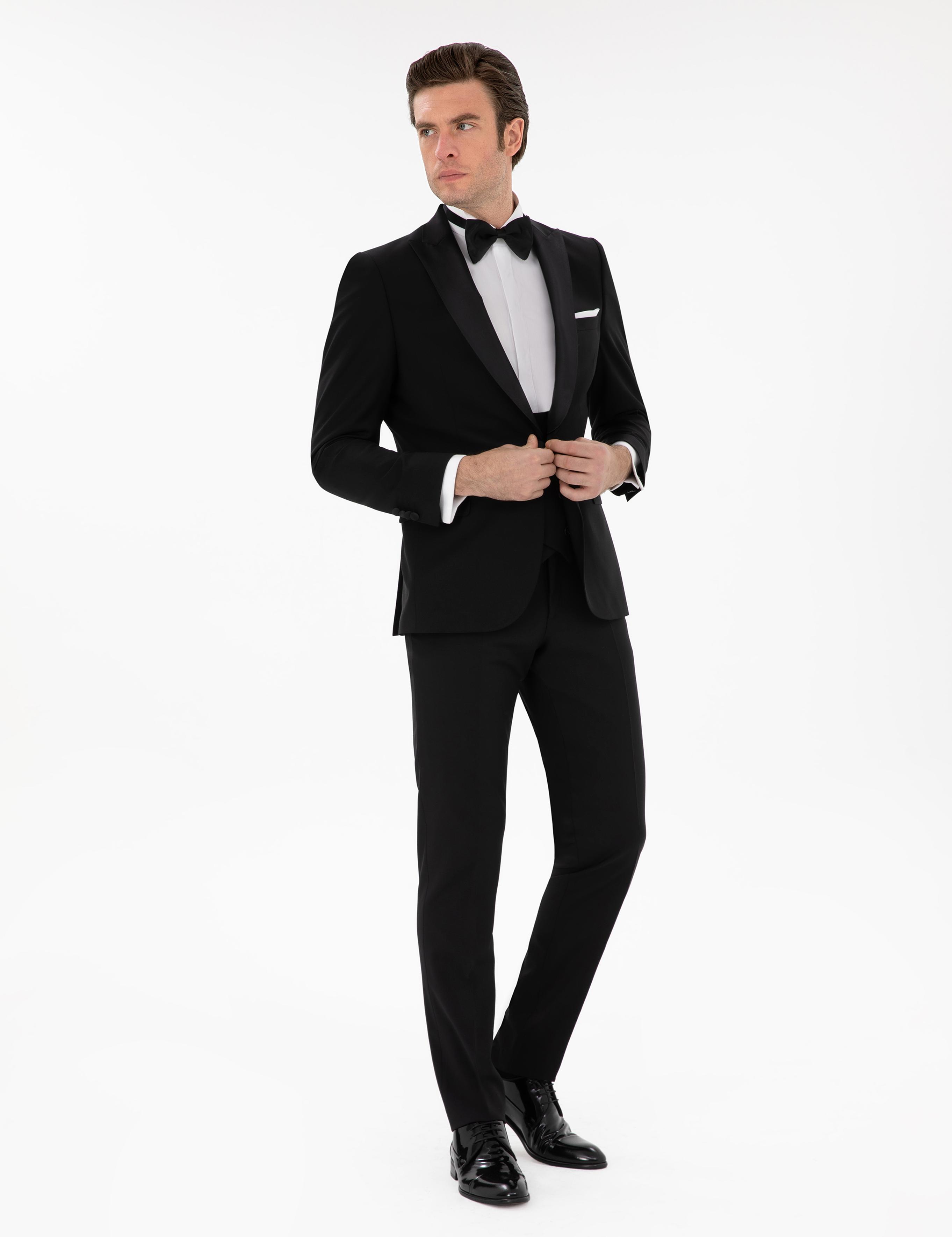 Siyah Slim Fit Yün Karışımlı Yelekli Smokin Dmatlık - 50306087014