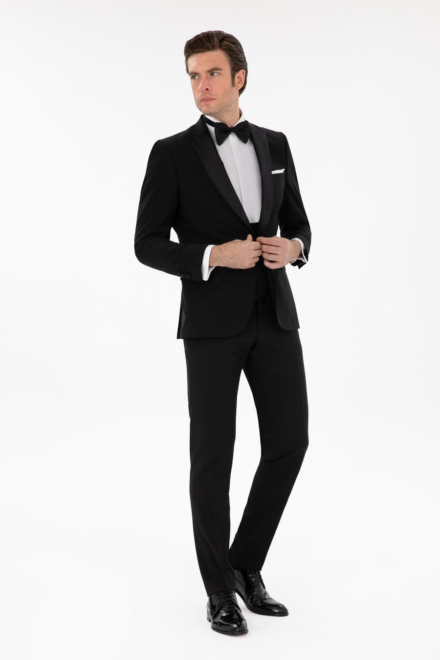 Siyah Slim Fit Yün Karışımlı Yelekli Smokin Dmatlık - 50306087014