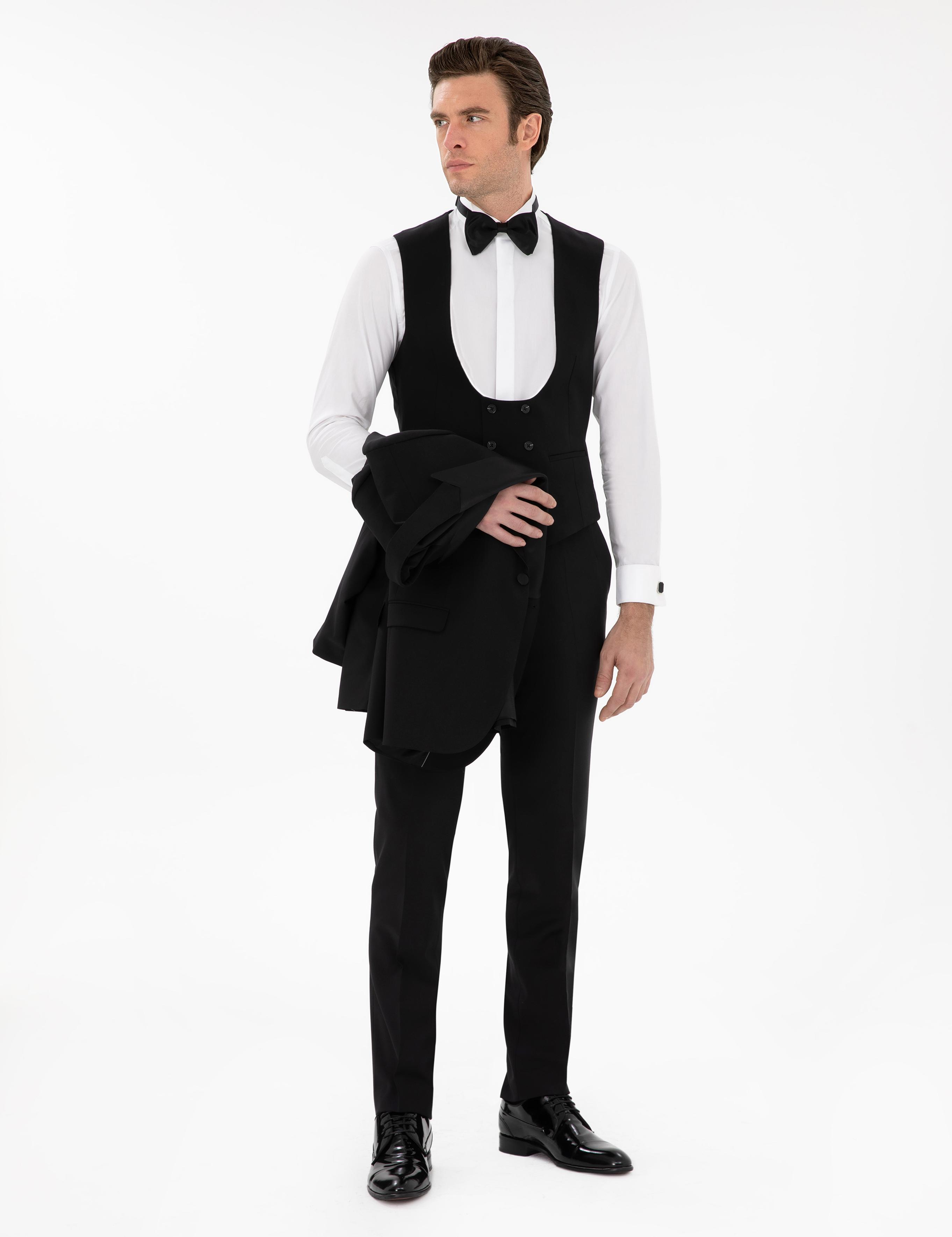 Siyah Slim Fit Yün Karışımlı Yelekli Smokin Dmatlık - 50306087014