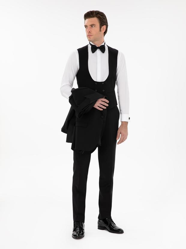 Siyah Slim Fit Yün Karışımlı Yelekli Smokin Dmatlık