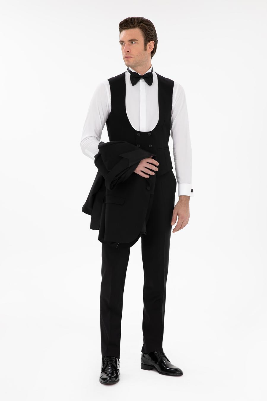 Siyah Slim Fit Yün Karışımlı Yelekli Smokin Dmatlık - 50306087014