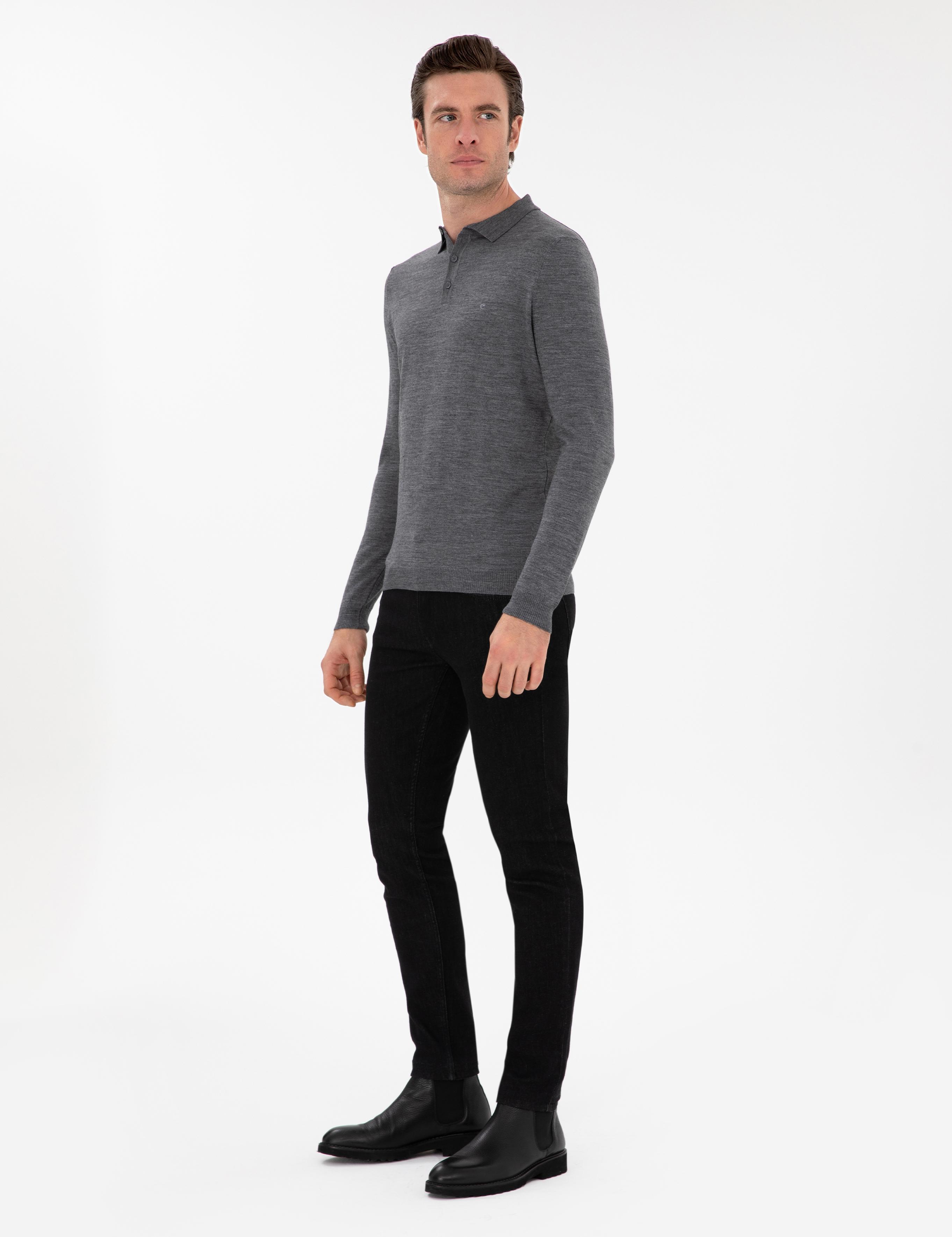 Füme Slim Fit Yün Karışımlı Polo Yaka Basic Triko Kazak - 50293274115