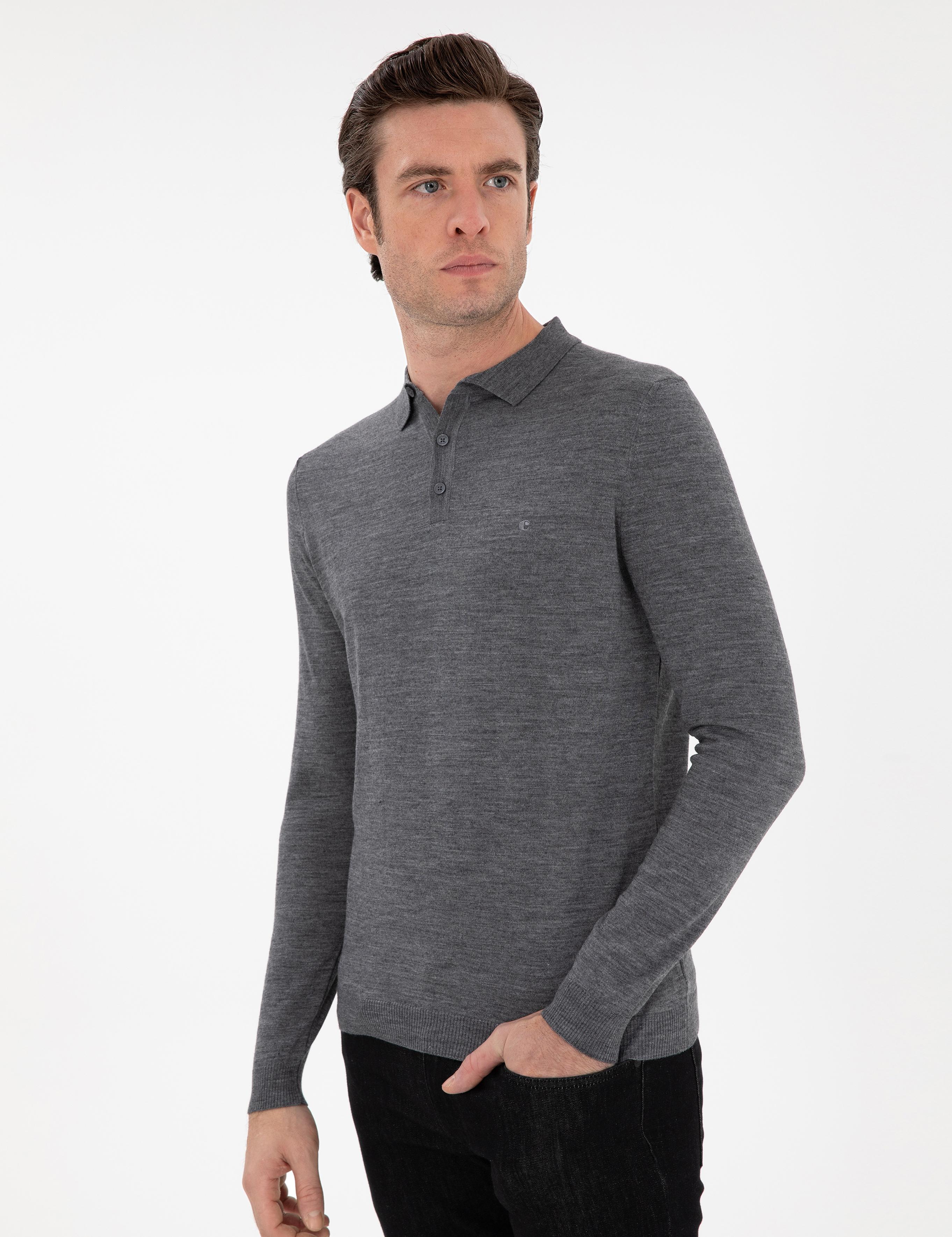Füme Slim Fit Yün Karışımlı Polo Yaka Basic Triko Kazak - 50293274115