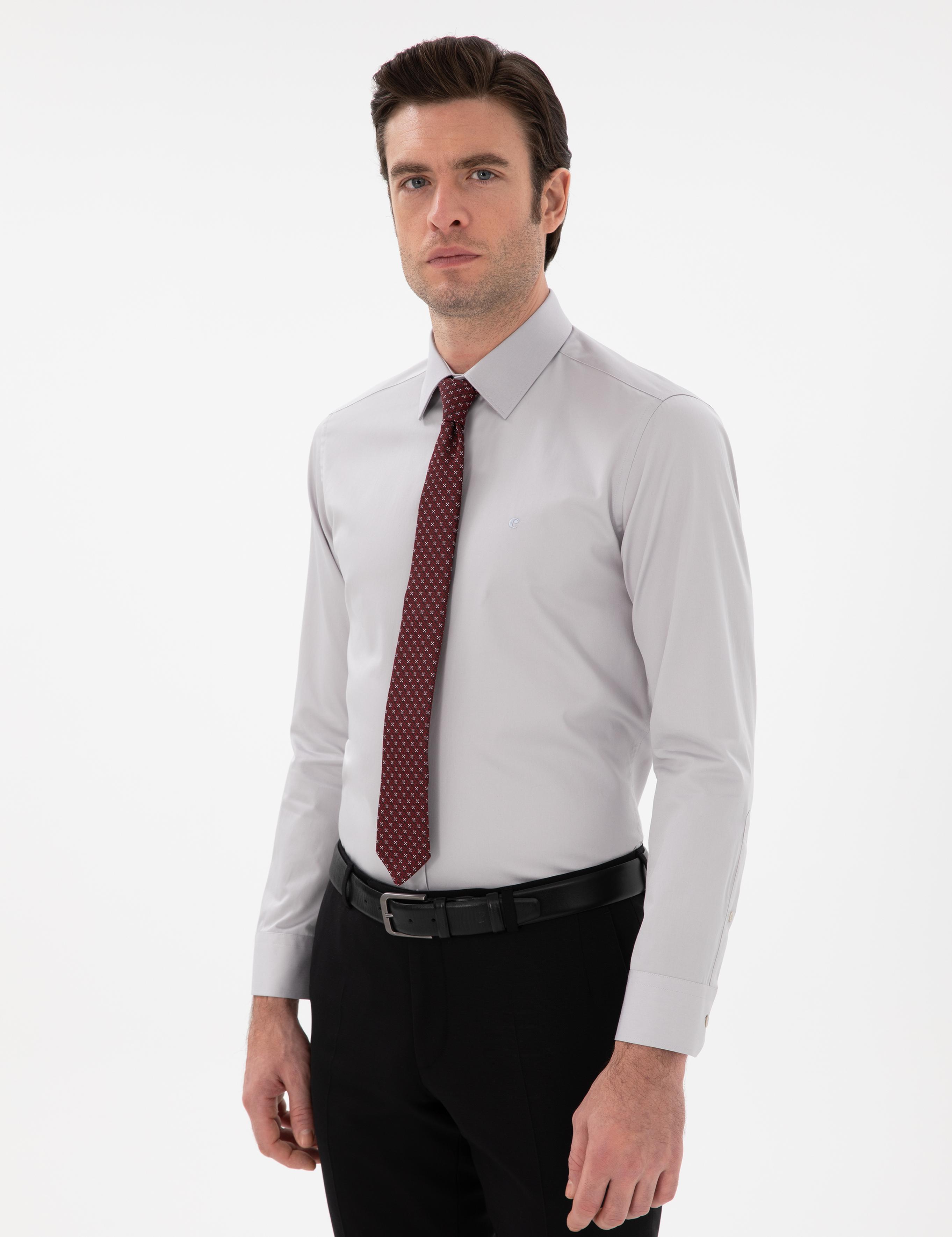 Açık Gri Slim Fit Klasik Yaka Basic Gömlek - 50304037073