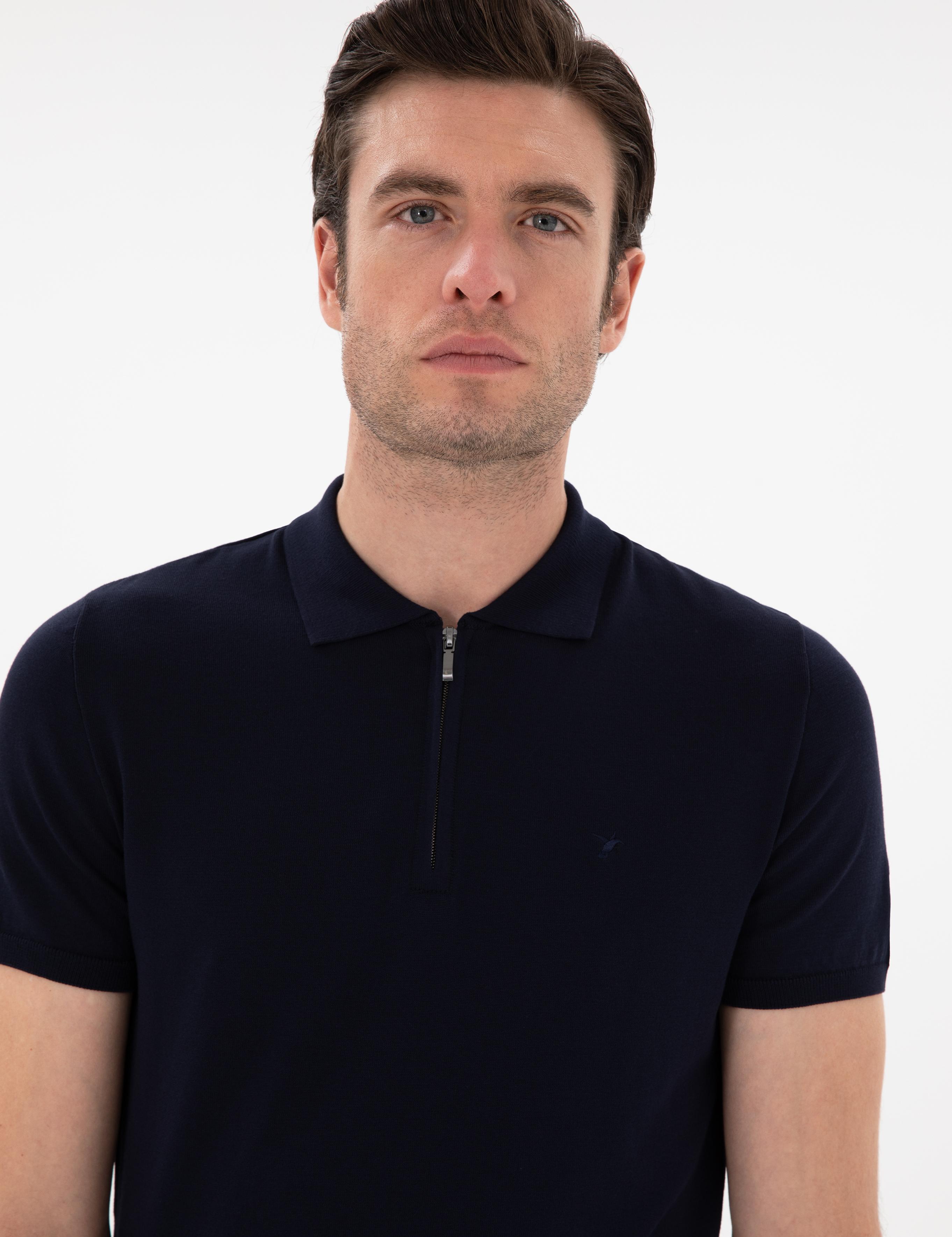 Lacivert Slim Fit Fermuarlı Polo Yaka Triko T-shirt - 50309881004