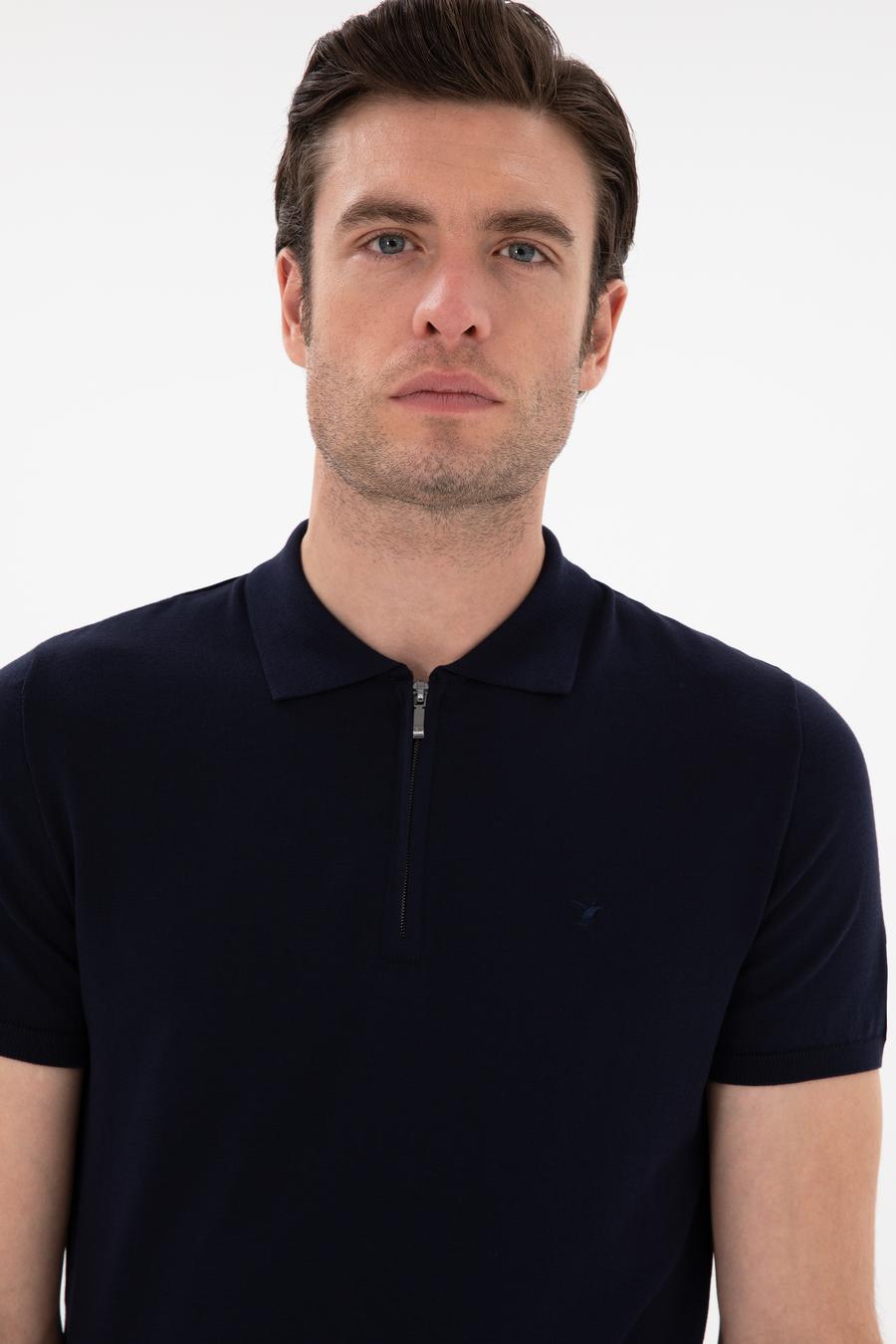 Lacivert Slim Fit Fermuarlı Polo Yaka Triko T-shirt - 50309881004